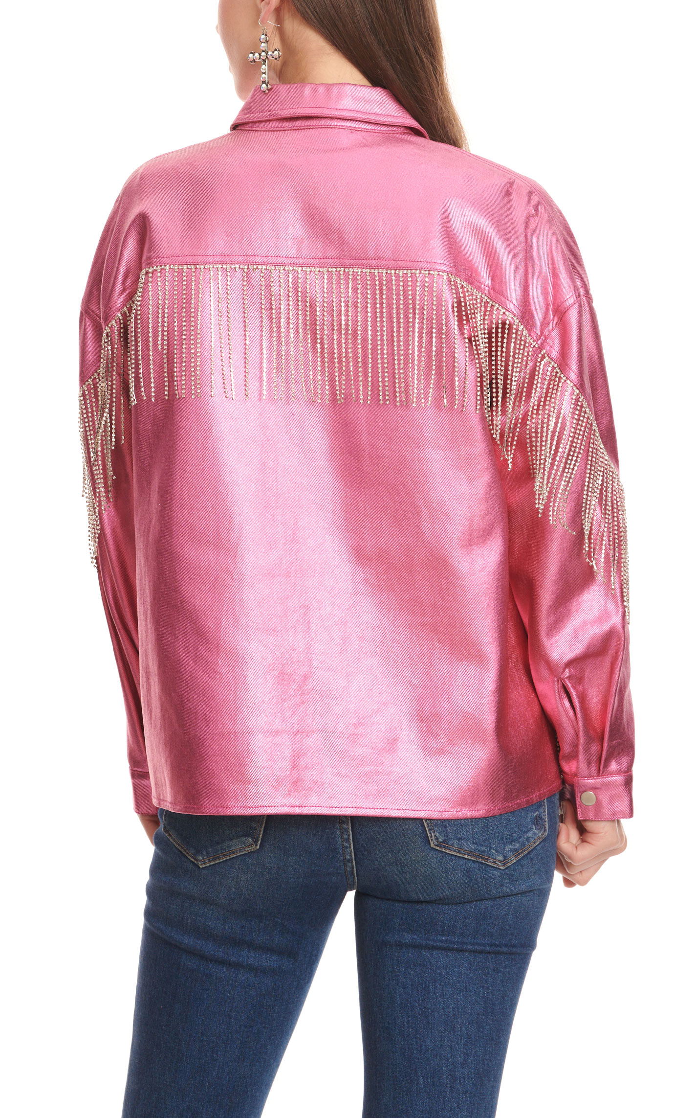 Fantastic Fawn Women's Shiny Hot Pink with Clear Crystal & Silver Fringed Shacket - Image 1