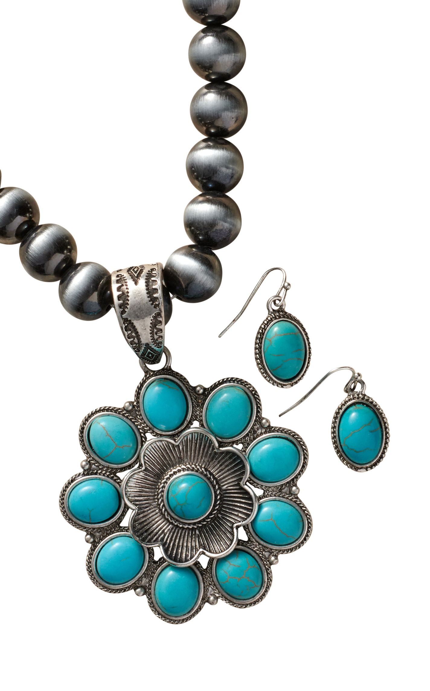 806 by Pink Panache Large Silver Navajo Pearls & Turquoise Stone Jewelry Set - Image 1