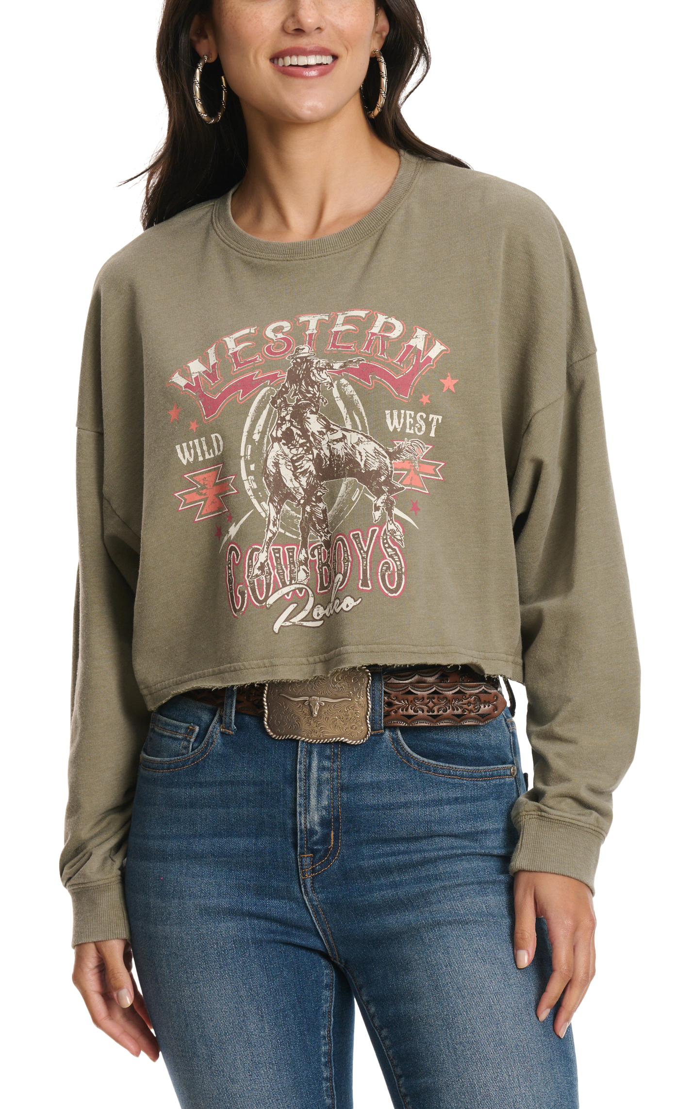 Rock & Roll Denim Women's Olive Western Cowboys Rodeo Graphic Pullover - Image 1