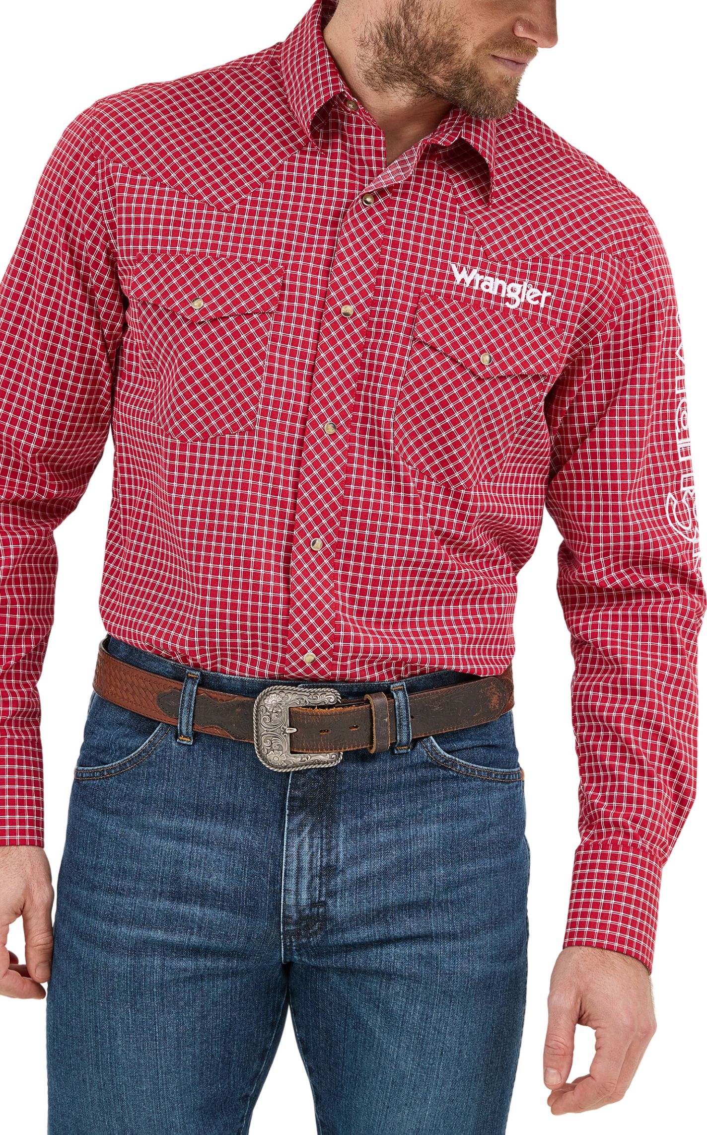 Wrangler Men's Red Plaid Embroidered Logo Western Shirt - Image 1