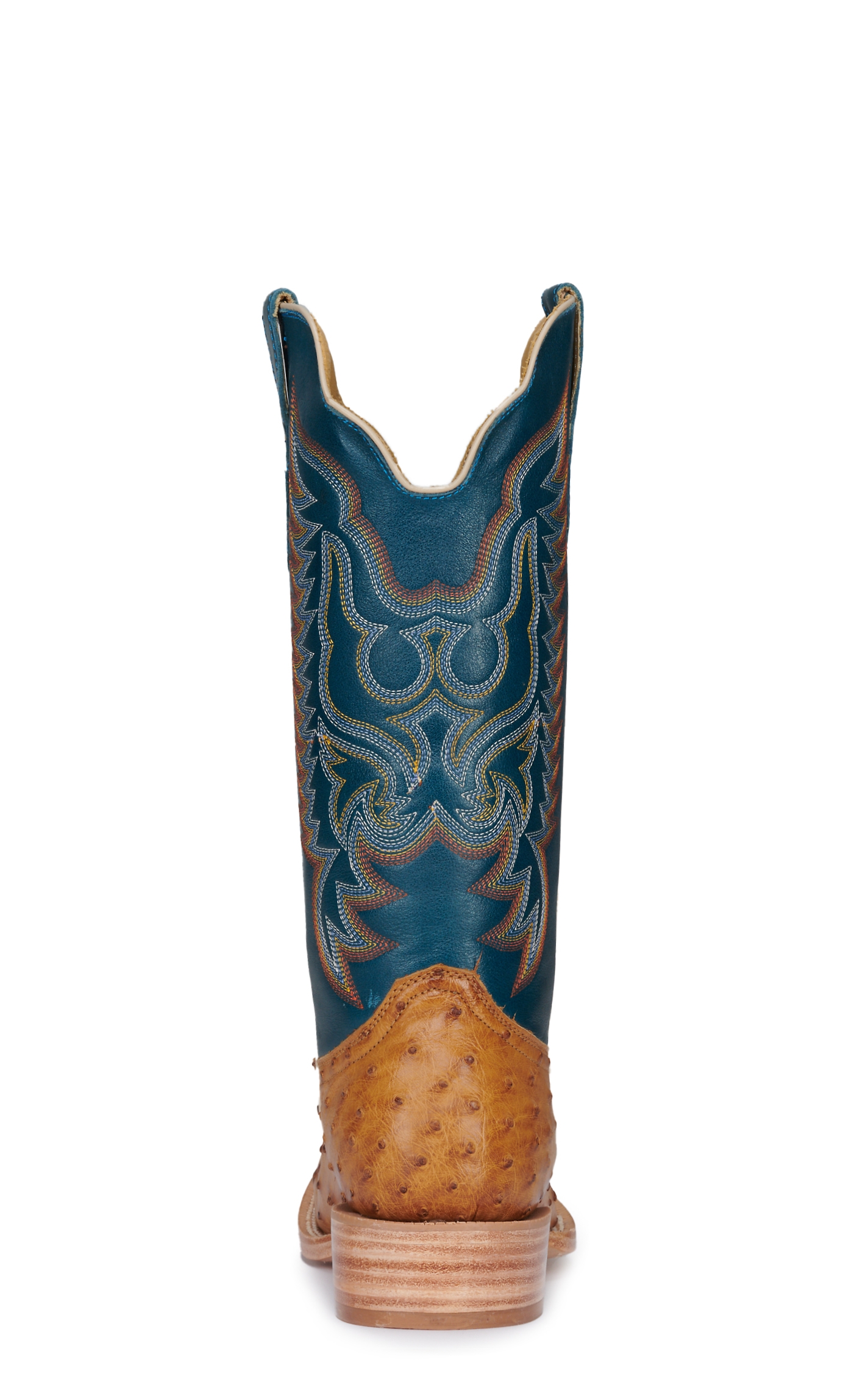 R Watson Men's Antique Saddle Full Quill Ostrich and Royal Blue Wide Square Toe Exotic Cowboy Boots - Image 1