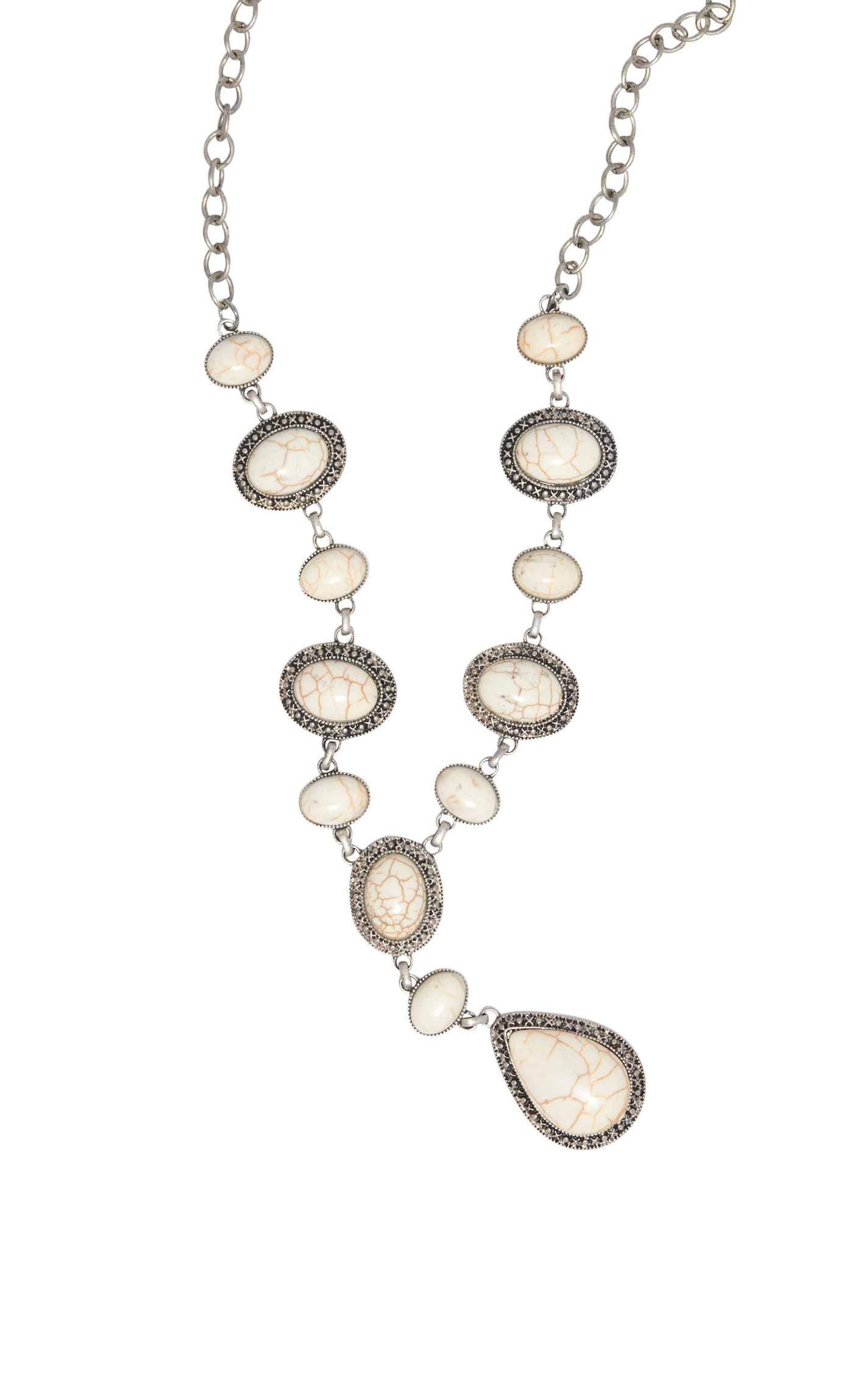 Rockin' C Antiqued Silver & Cream Stone Y Chain Necklace - Image 1