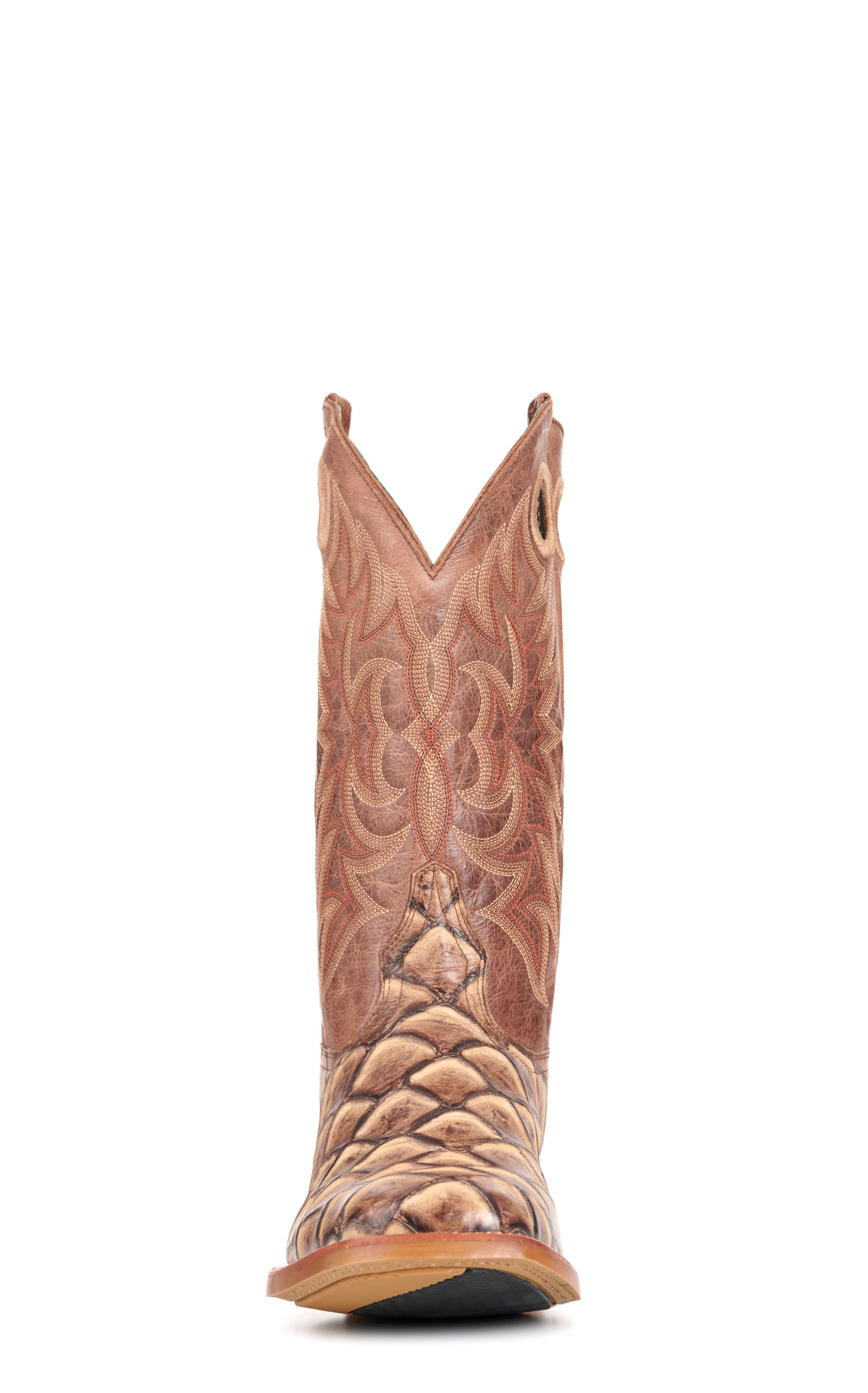 Cavender's Men's Intrepid Cognac and Sand Pirarucu Print Wide Square Toe Cowboy Boots - Image 1