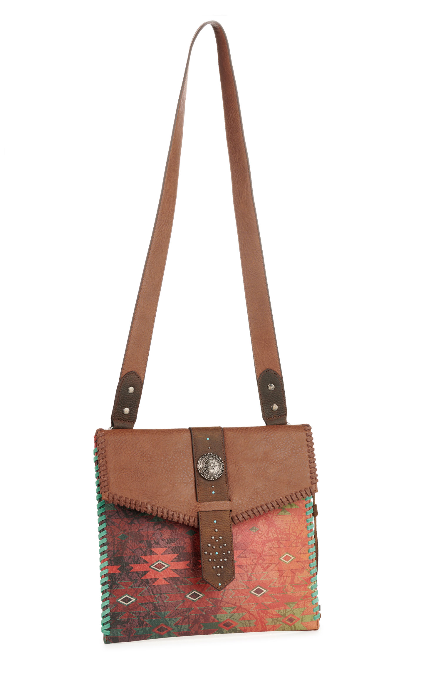 Red Dirt Hat Co. Cinnamon Genuine Leather & Colorful Aztec Print Whipstitch Crossbody Bag - Image 1