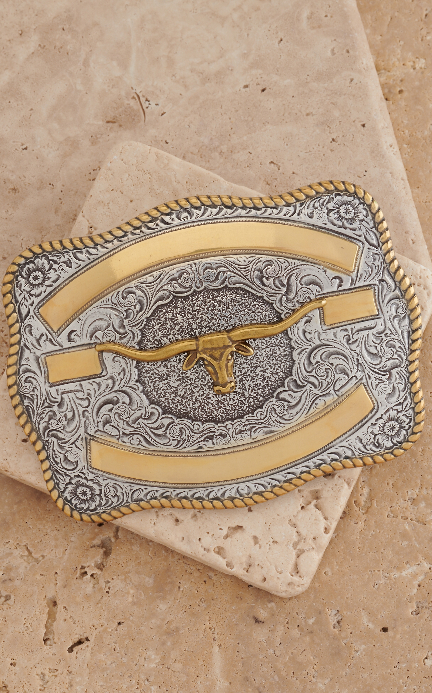 Crumrine Silver with Gold Ribbon & Longhorn Rectangle Belt Buckle - Image 1