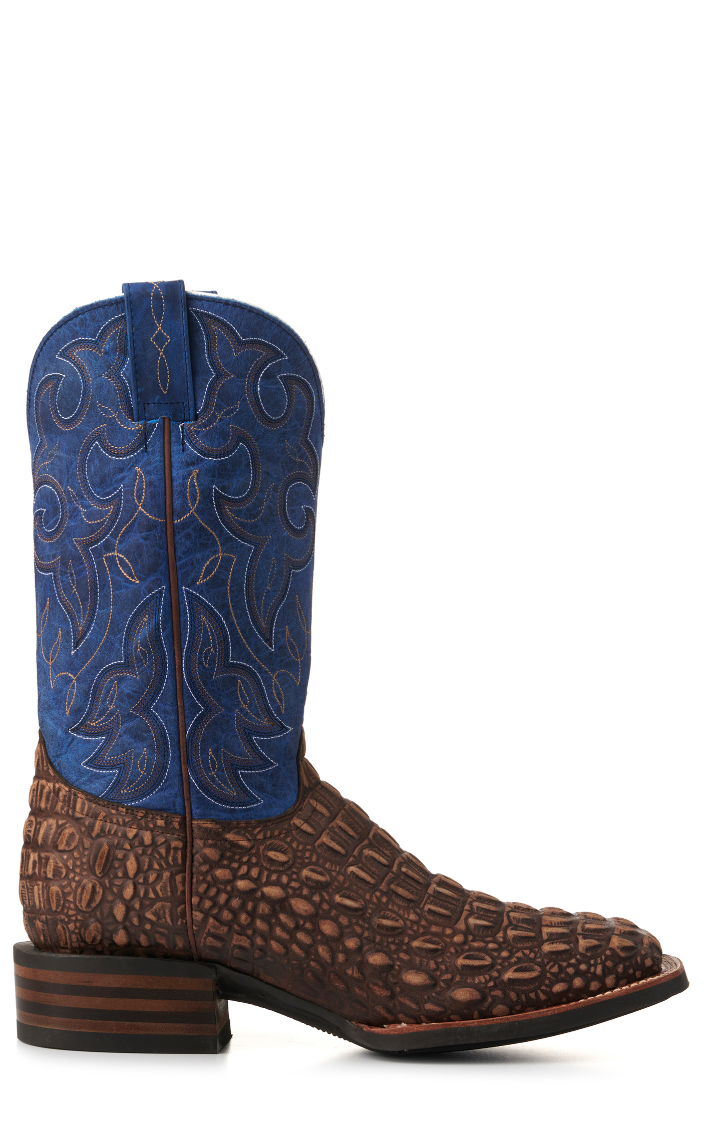 Cavender's Men's Intrepid Rustic Chocolate Caiman Print and Blue Wide Square Toe Cowboy Boots - Image 1