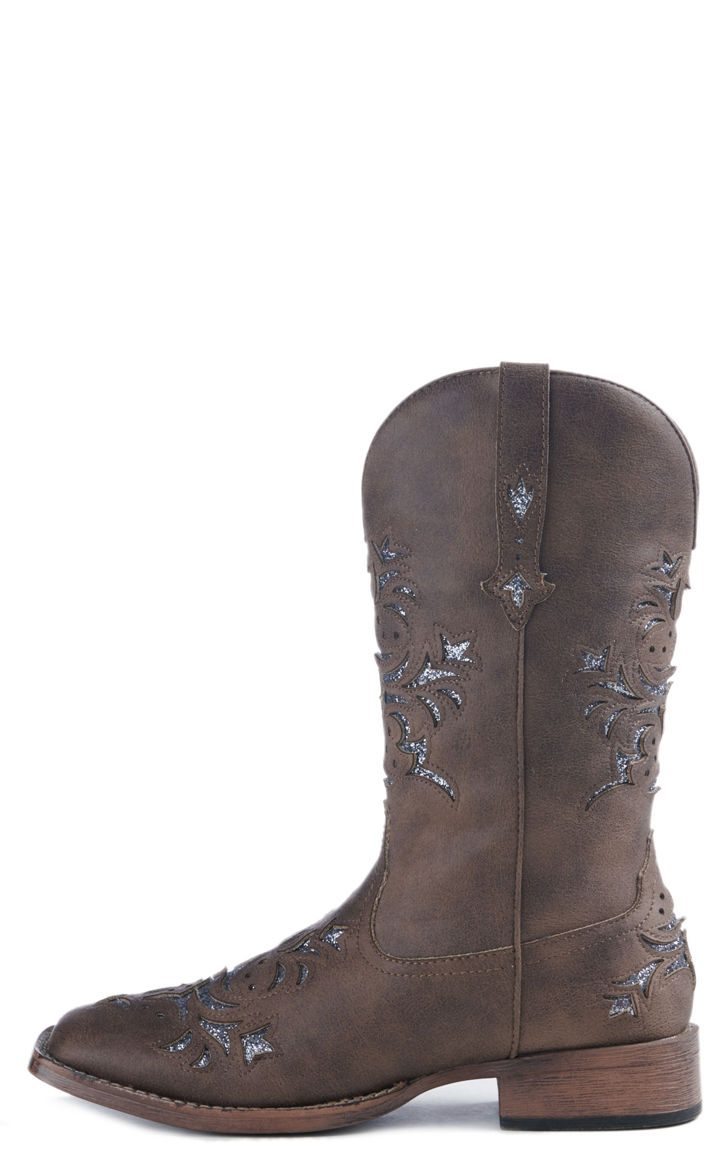 Roper Women's Brown Faux Leather with Metallic Silver Glitter Inlay Square Toe Cowboy Boot - Image 1