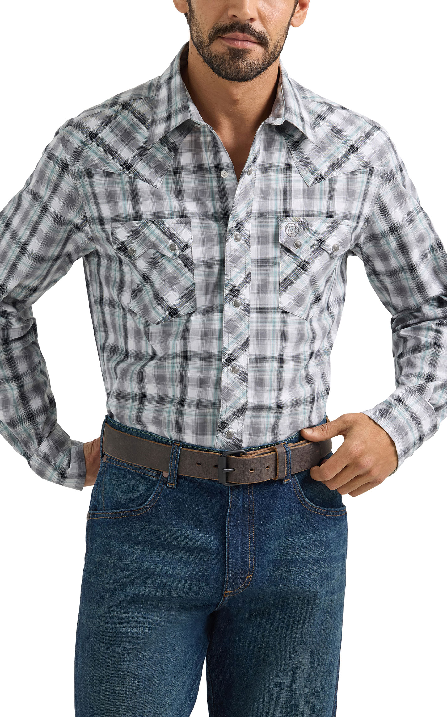 Wrangler Retro Men's Black & Gray Plaid Western Shirt - Image 1