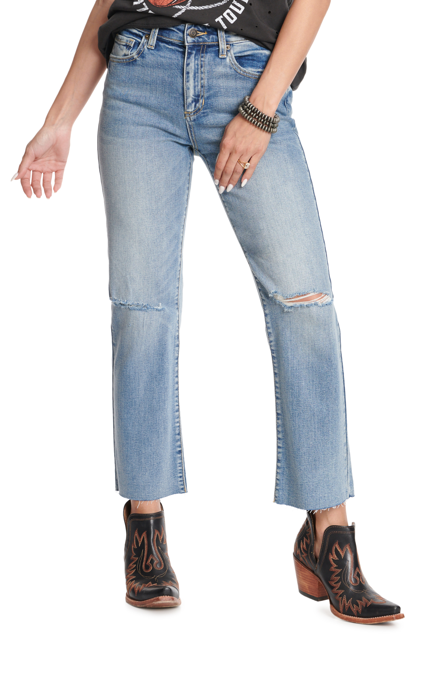 Sneak Peek Women's Light Wash High Rise Straight Leg Distressed Knee Jeans - Image 1