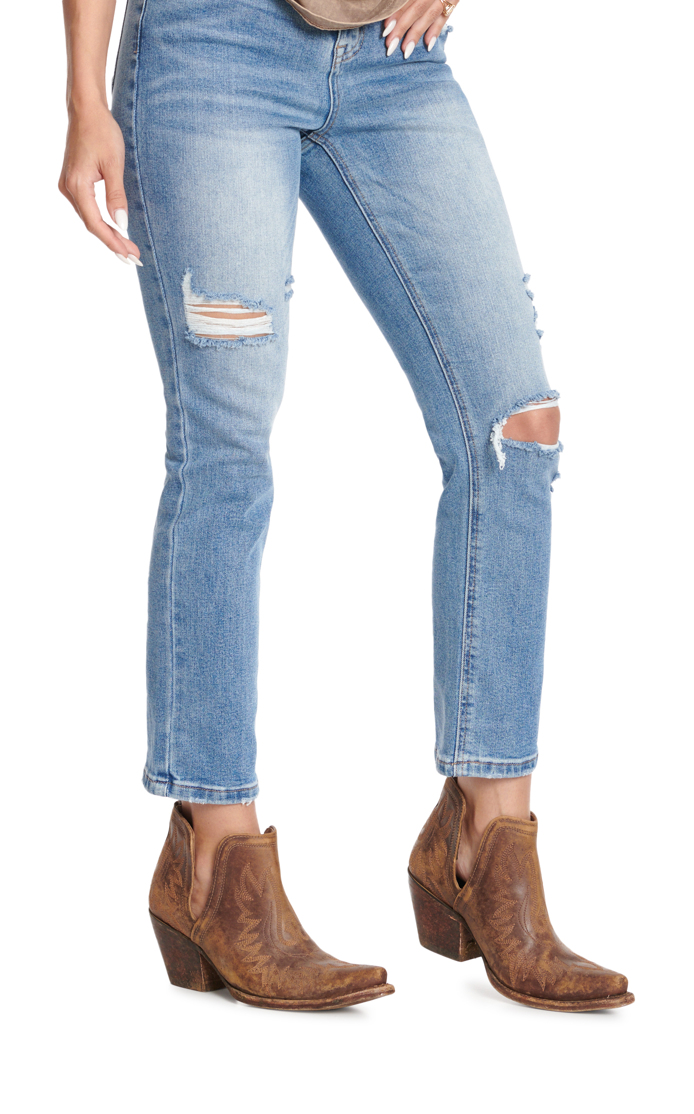 Rockin C Women's Light Wash High Rise Distressed Cropped Jeans - Image 1