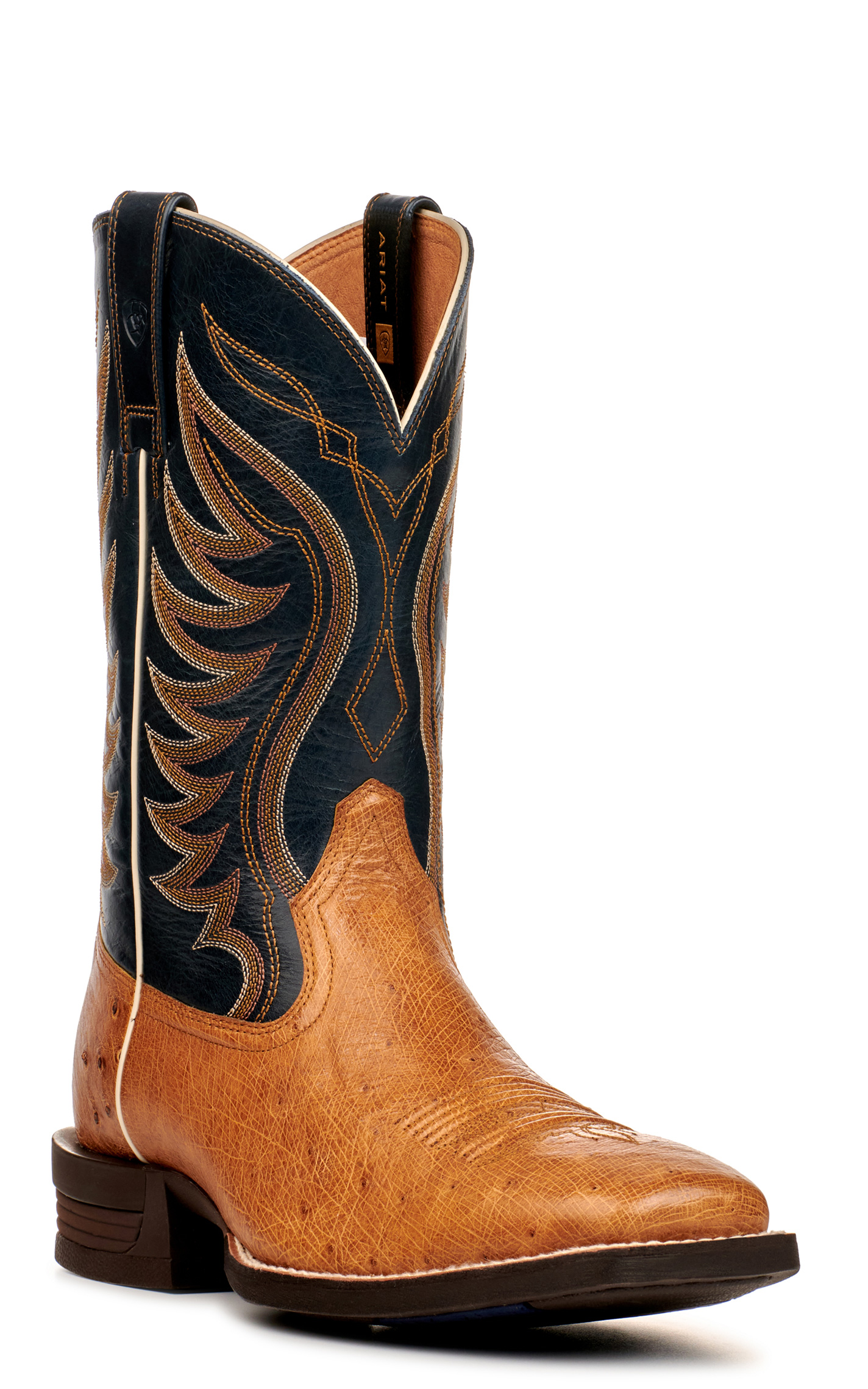 Ariat Men's Reckoning Antique Saddle Brown and Black Smooth Quill Ostrich Shock Shield Wide Square Toe Exotic Cowboy Boot - Image 1