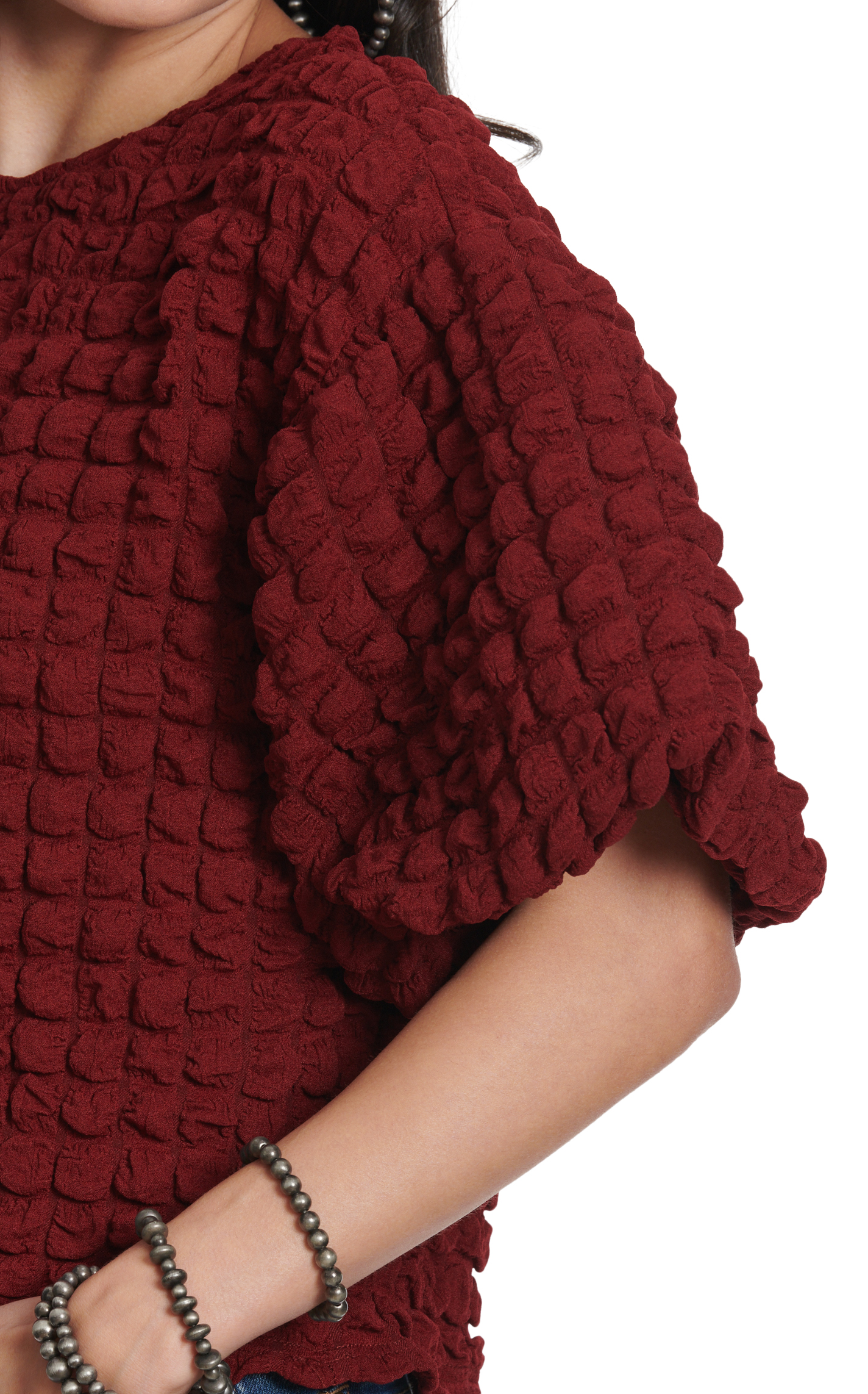 TCEC Women's Rich Wine Puffed Squares & Sleeves Top - Image 1