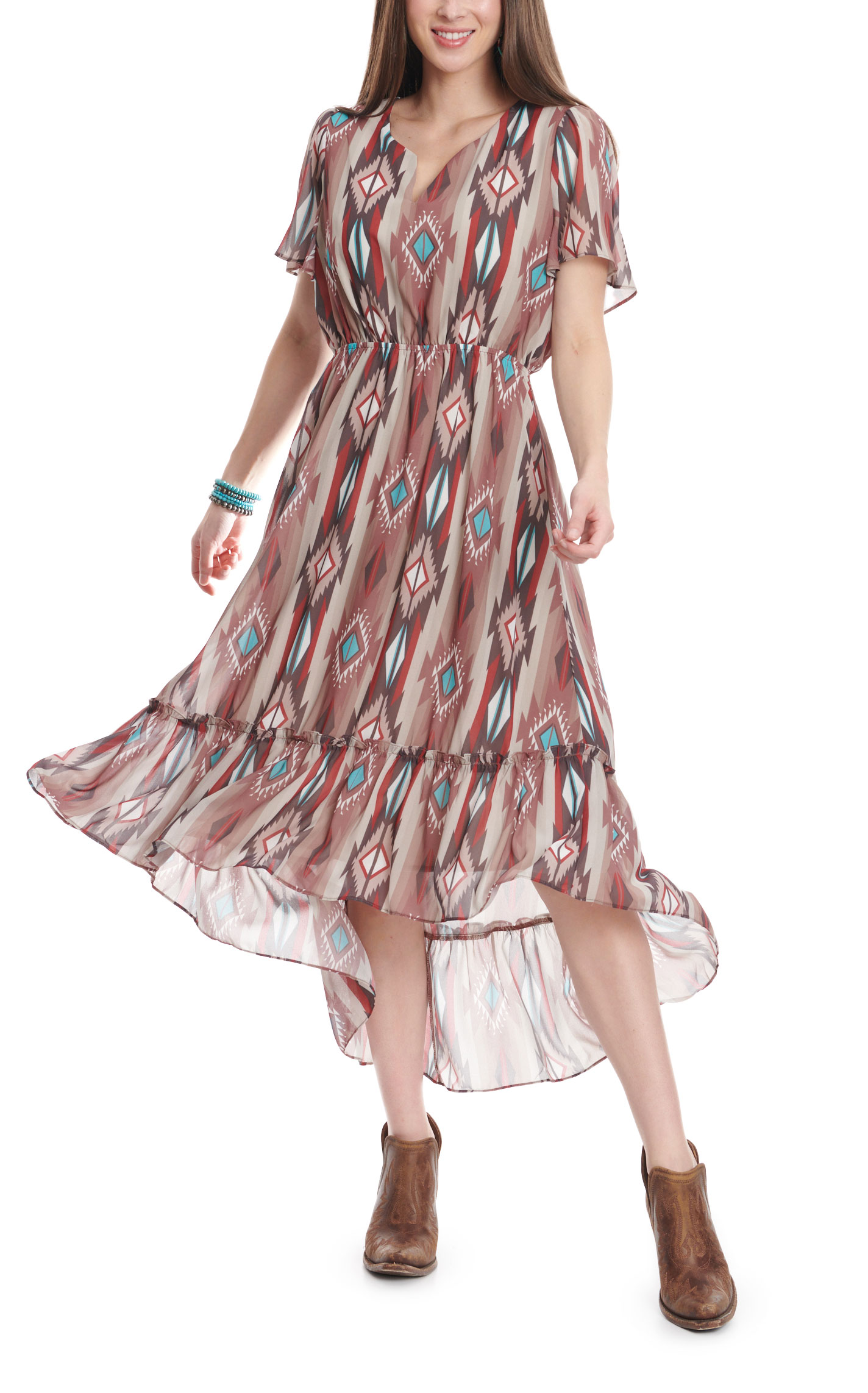 Cowgirl Legend Women's Shades of Coffee Aztec Stripe Short Flutter Sleeve Hi-Lo Dress - Image 1
