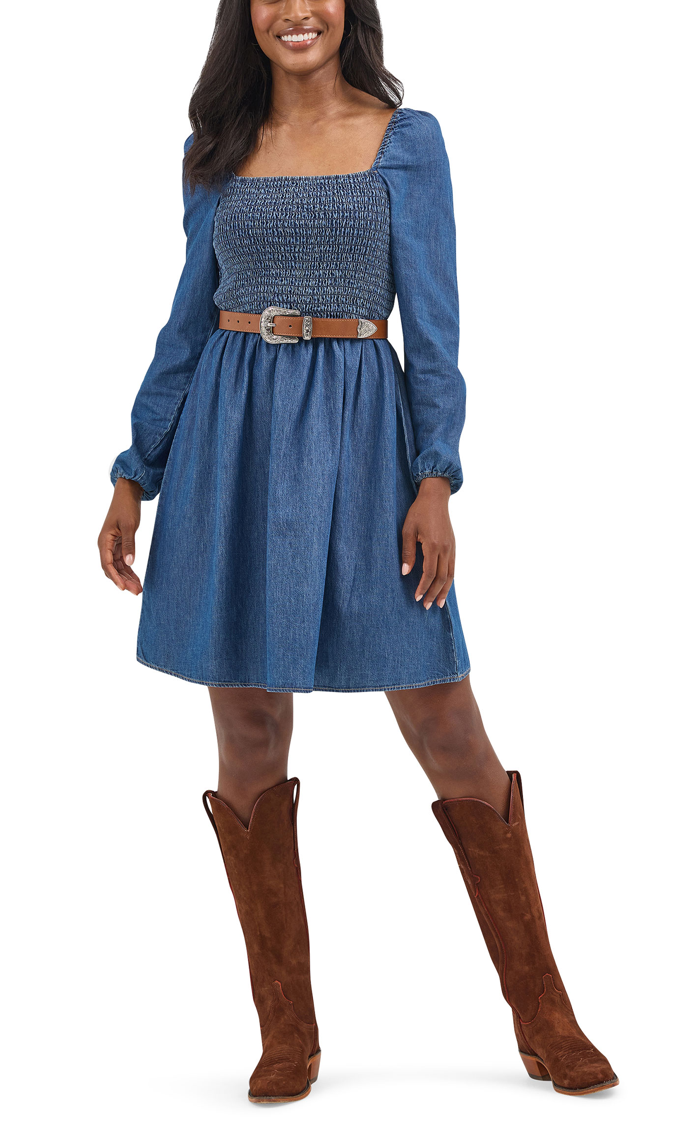 Wrangler Retro Women's Dark Wash Smocked Bodice Denim Dress - Image 1