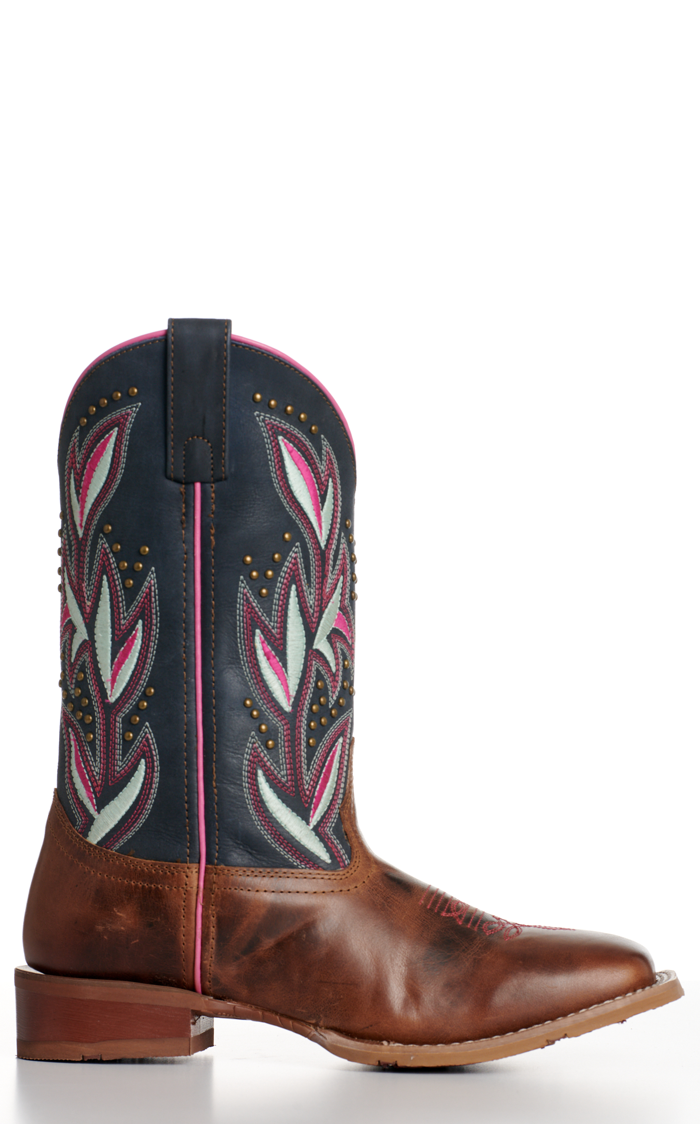 Laredo Women’s Lydia Tan and Blue with Studs Wide Square Toe Cowboy Boots - Image 1