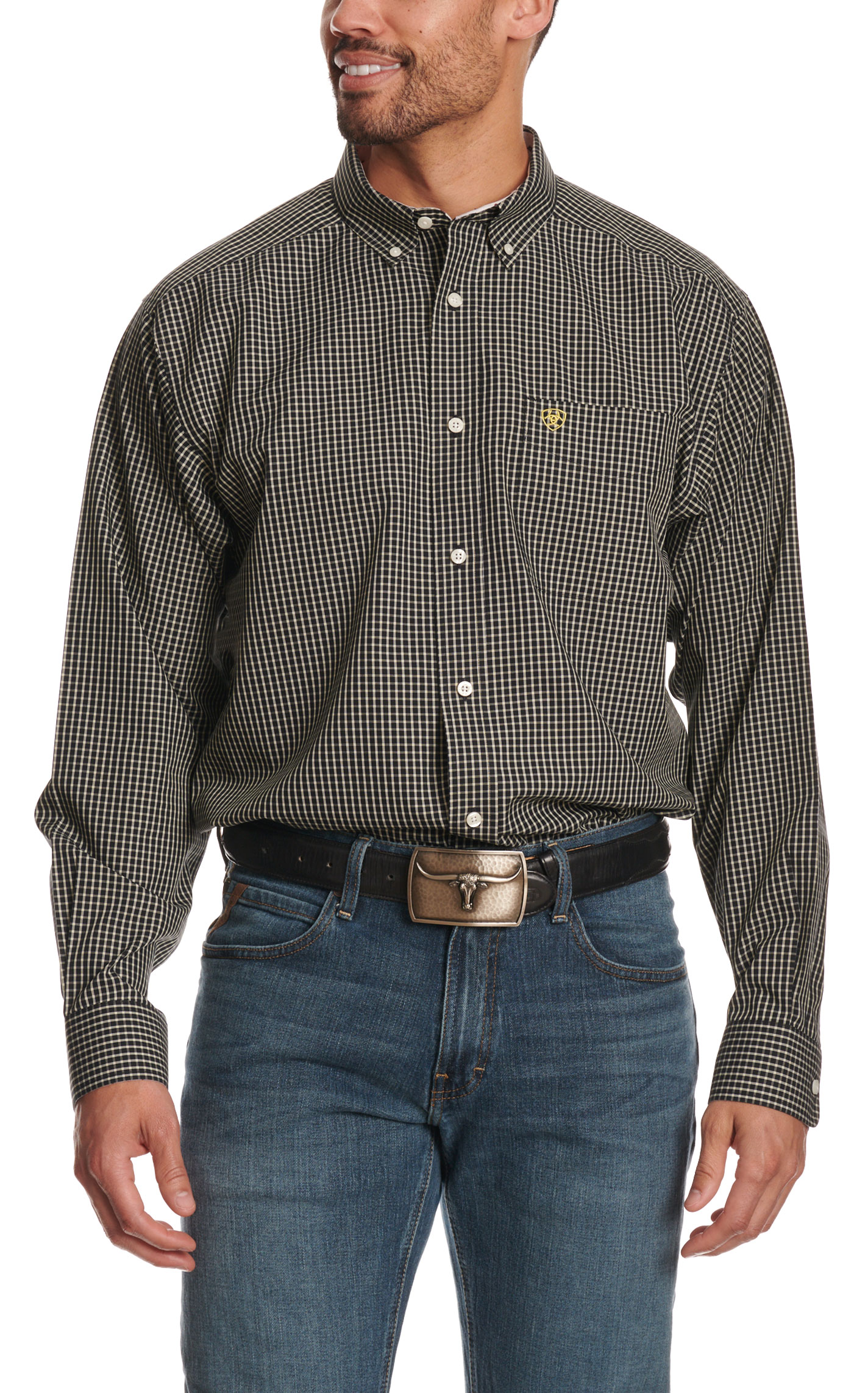 Ariat Men's Reuben Black & Khaki Plaid Grid Long Sleeve Western Shirt - Image 1