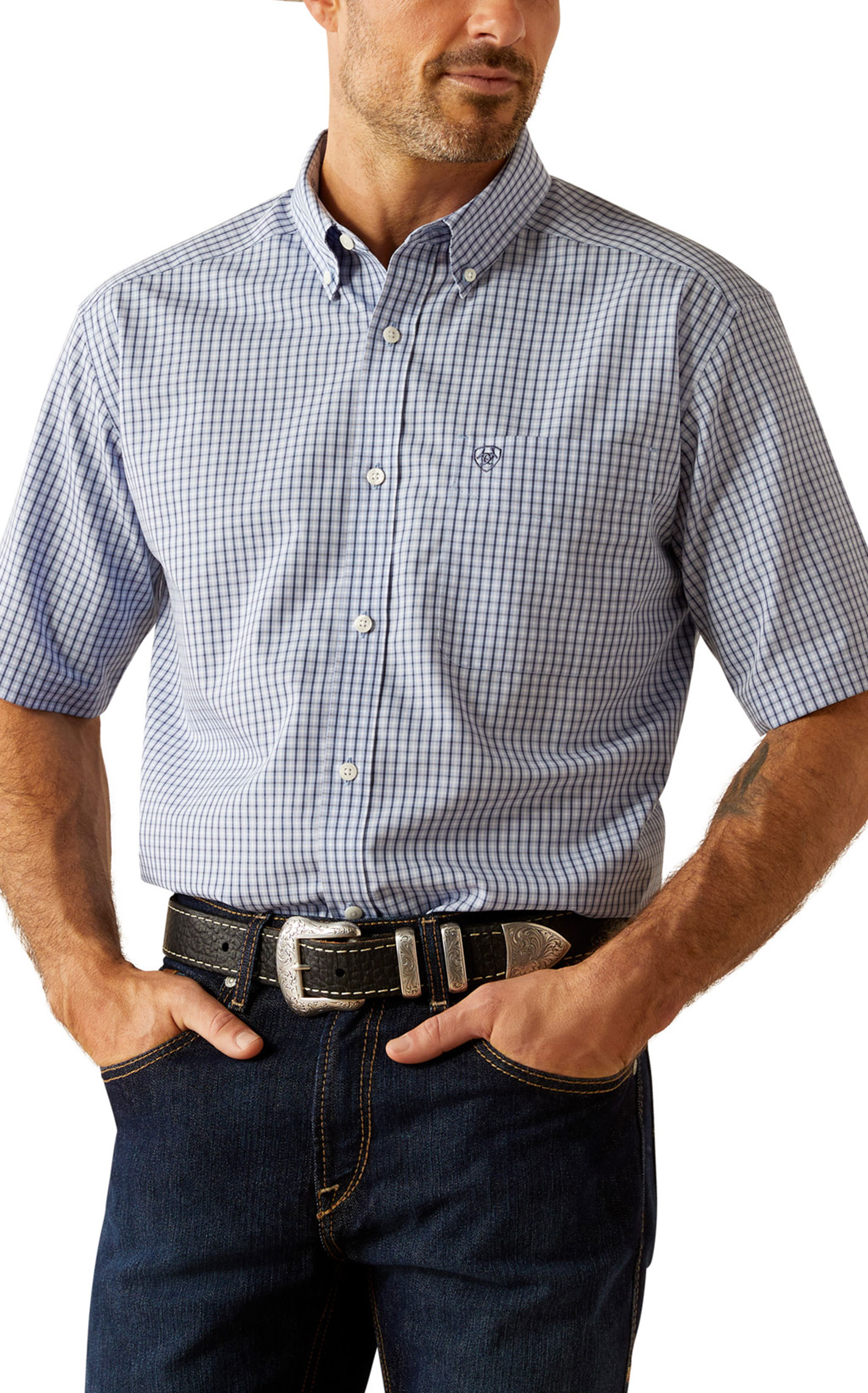 Ariat Men's Ozzy Blue & White Plaid Western Shirt - Image 1