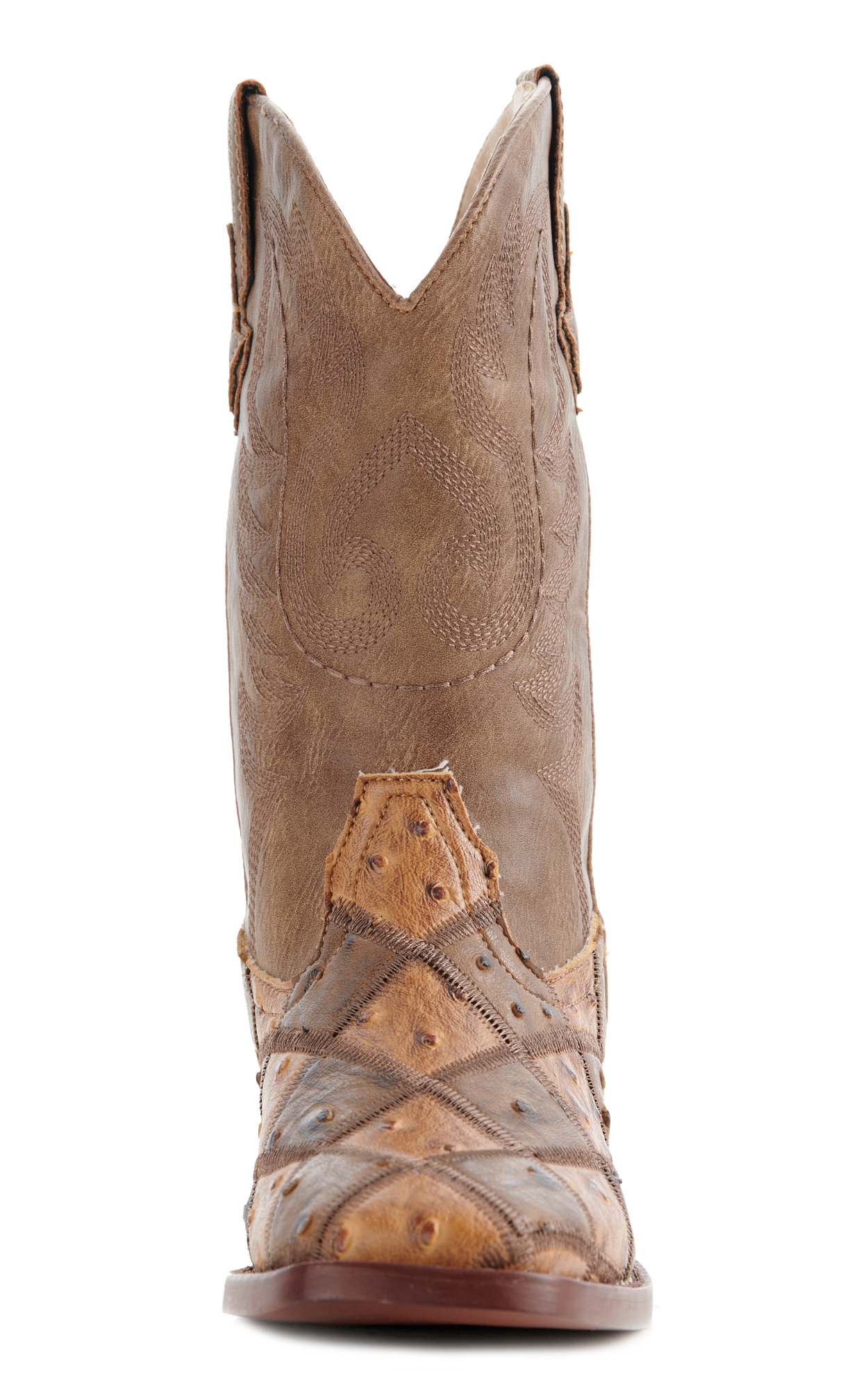 Roper Youth Brown And Tan Faux Ostrich Patchwork Square Toe Cowboy Boots - Image 1