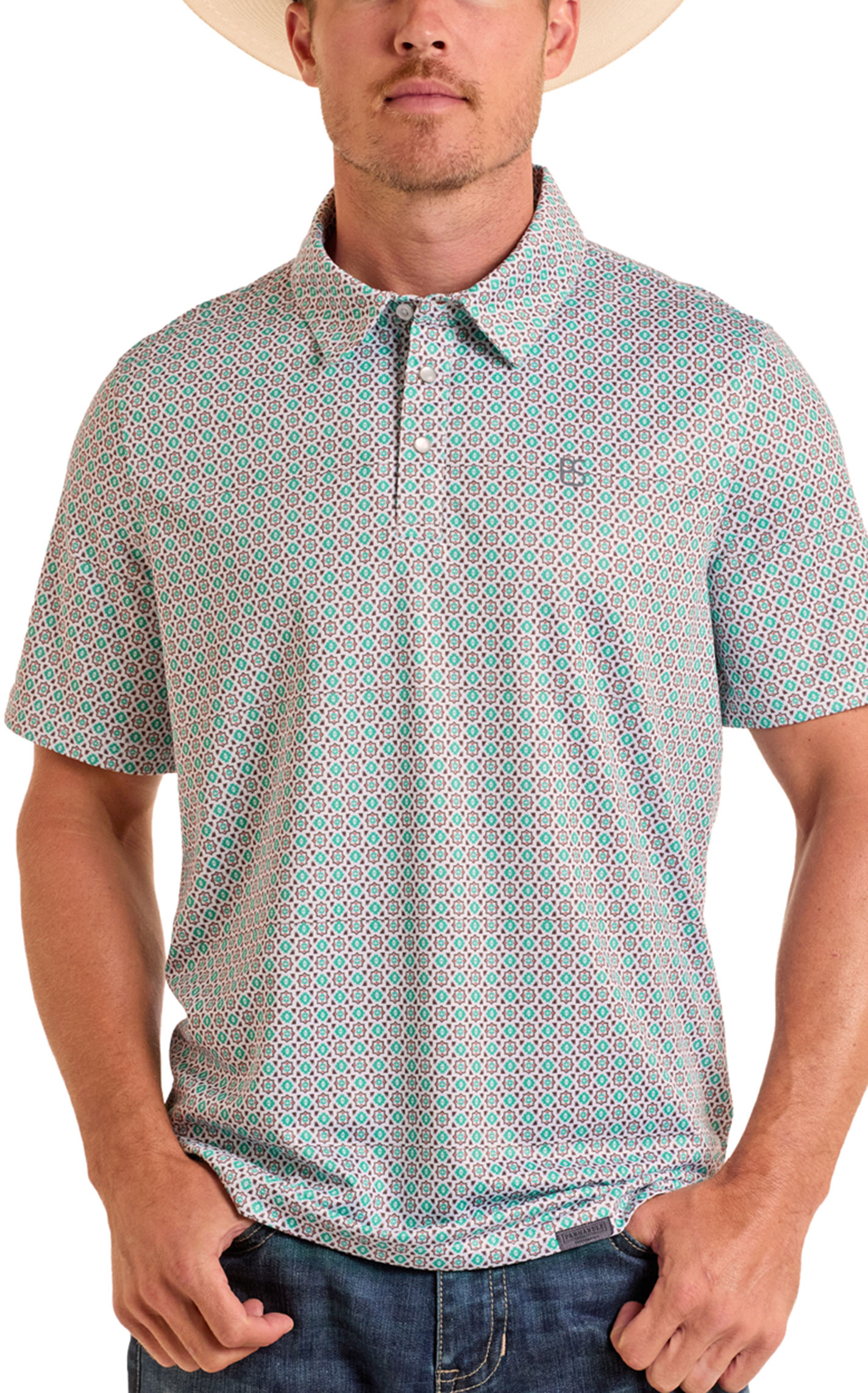 Panhandle Slim Men's Turquoise & Brown Performance Geo Print Polo Shirt - Image 1