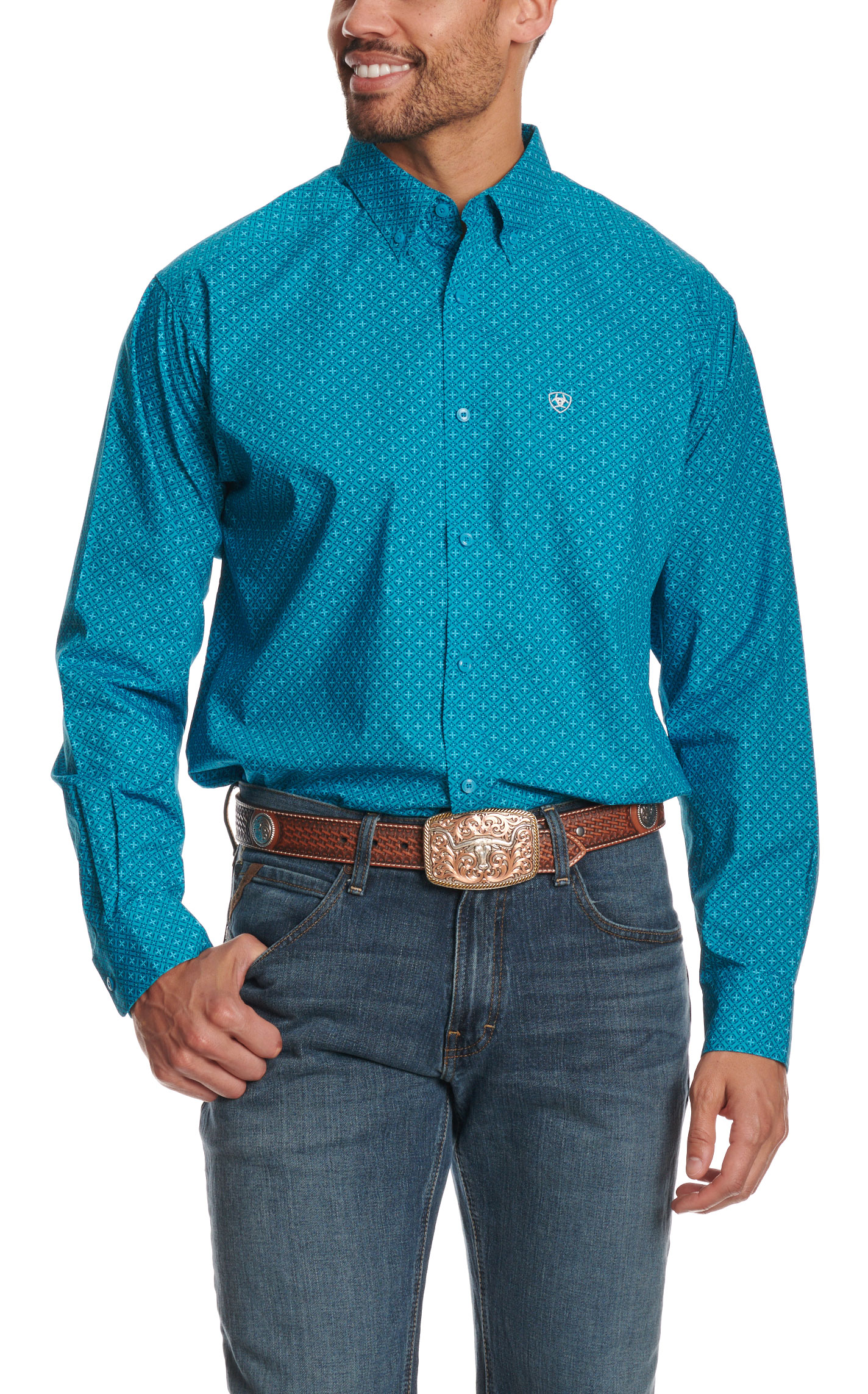 Ariat Men's Wesson Blue & Turquoise Geo Print Long Sleeve Western Shirt - Image 3