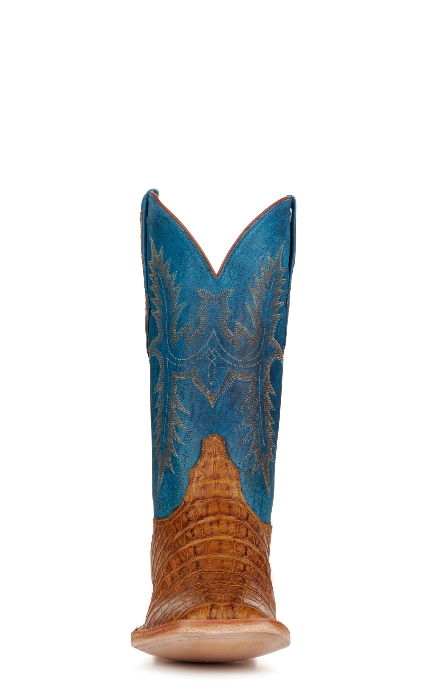 Black Jack Men's Blue and Cognac Caiman Tail Wide Square Toe Exotic Cowboy Boots - Image 1