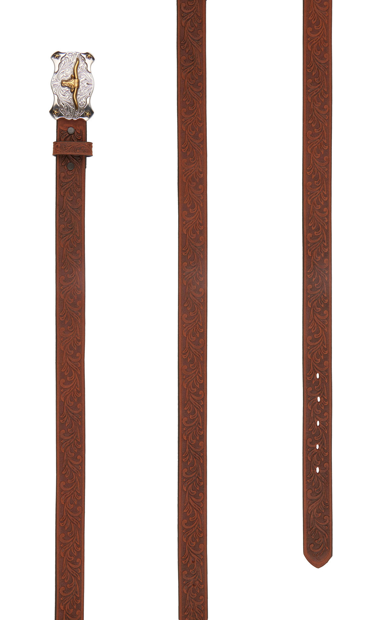 Tony Lama Kids' Aged Brown with Texas Longhorn Buckle Tooled Belt - Image 1