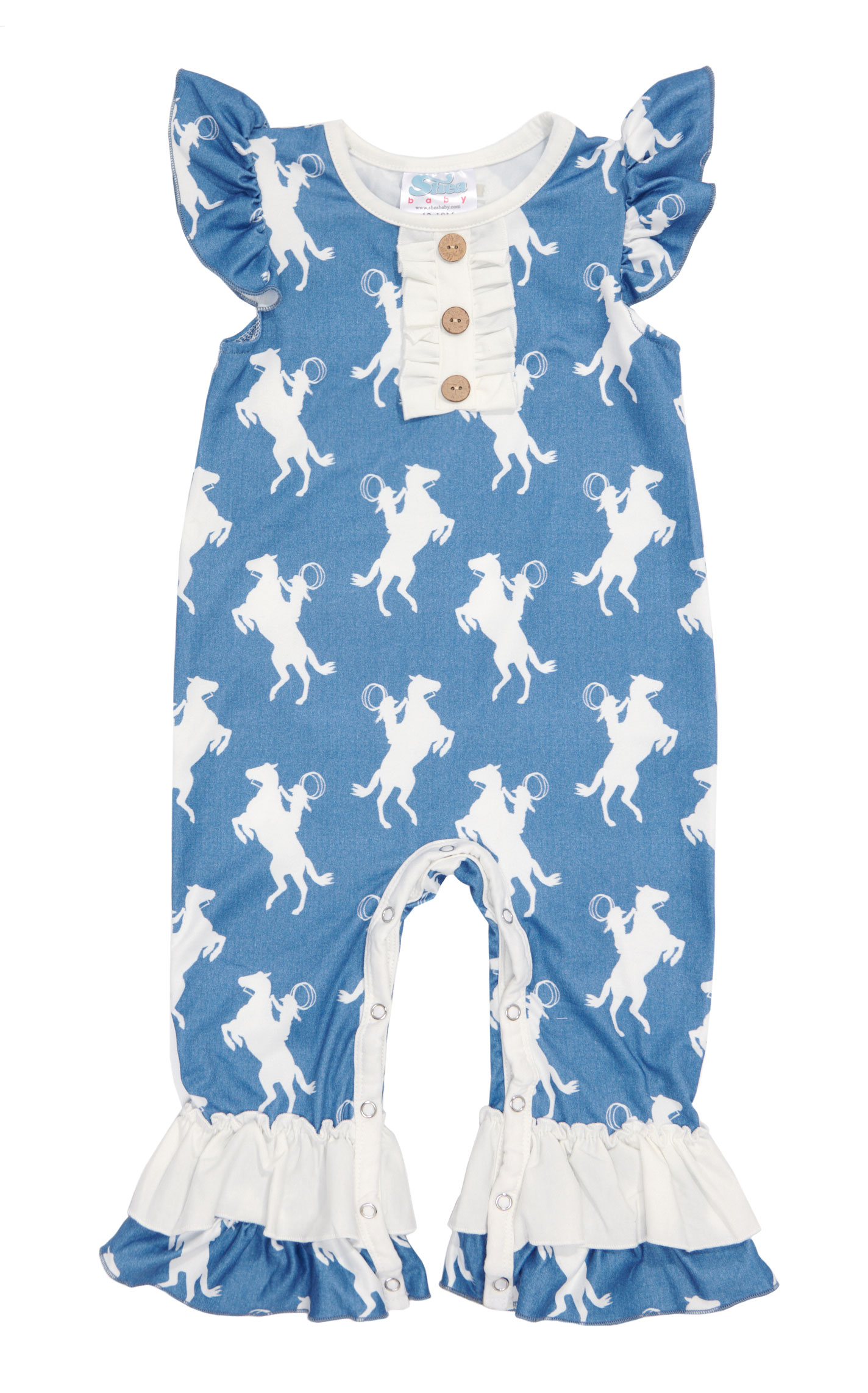 Shea Baby Toddler Girl's Blue & White Bronc Rider Romper - Image 1