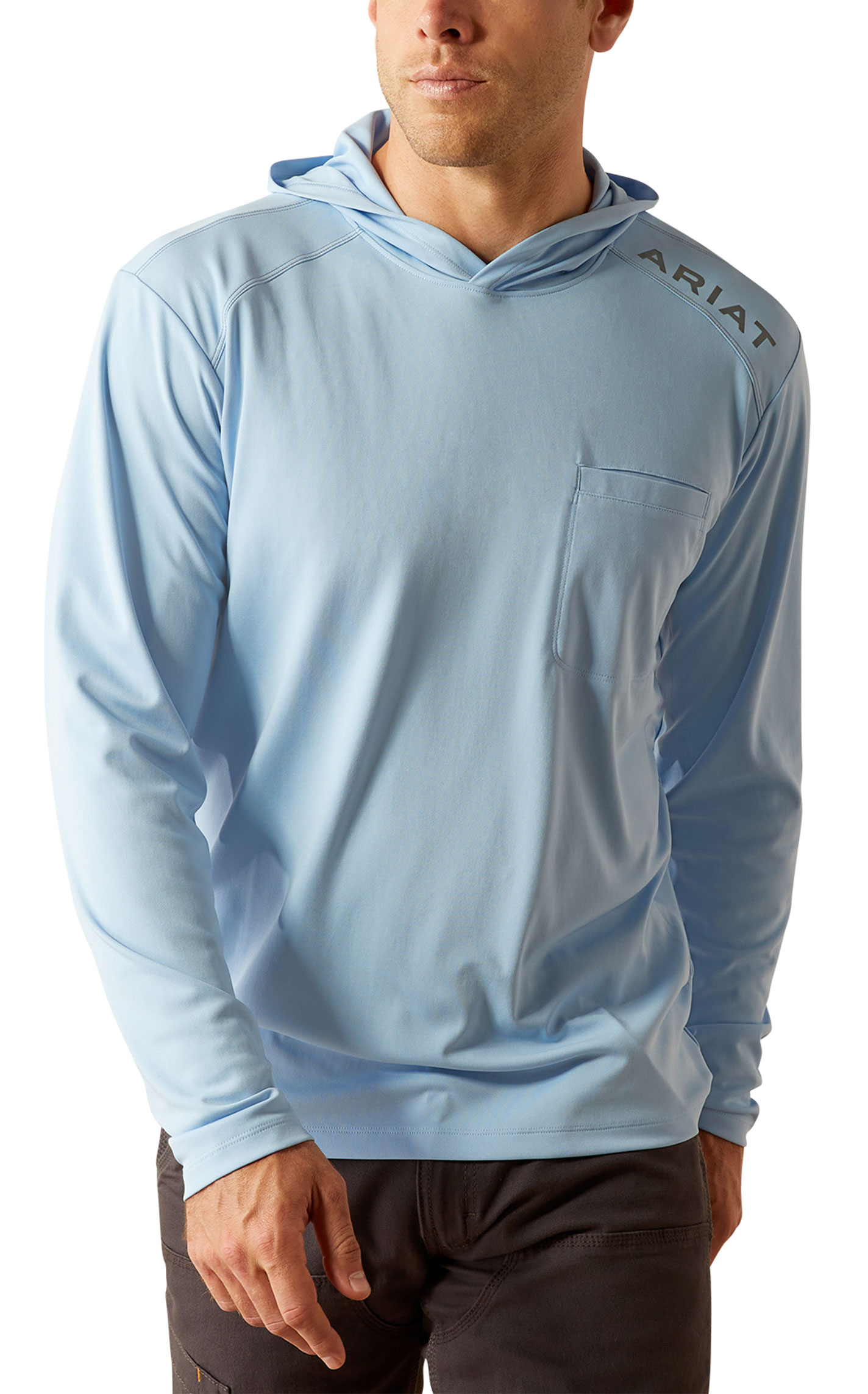 Ariat Rebar Men's Sunblocker Cornflower Blue Logo Graphic Work Hoodie - Image 1