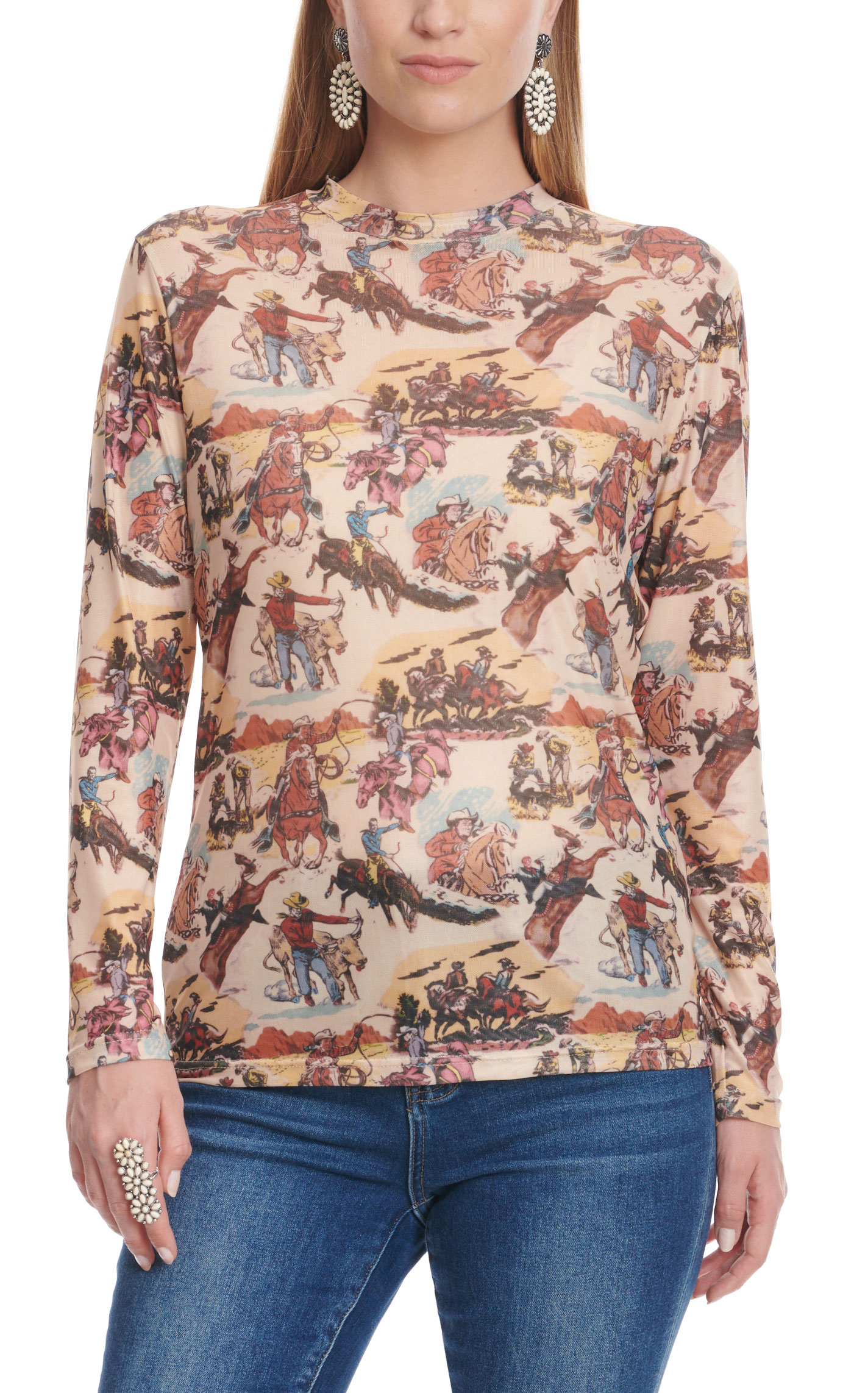 Turquoise Haven Women's Sand Western Print Fine Mesh Top - Image 1
