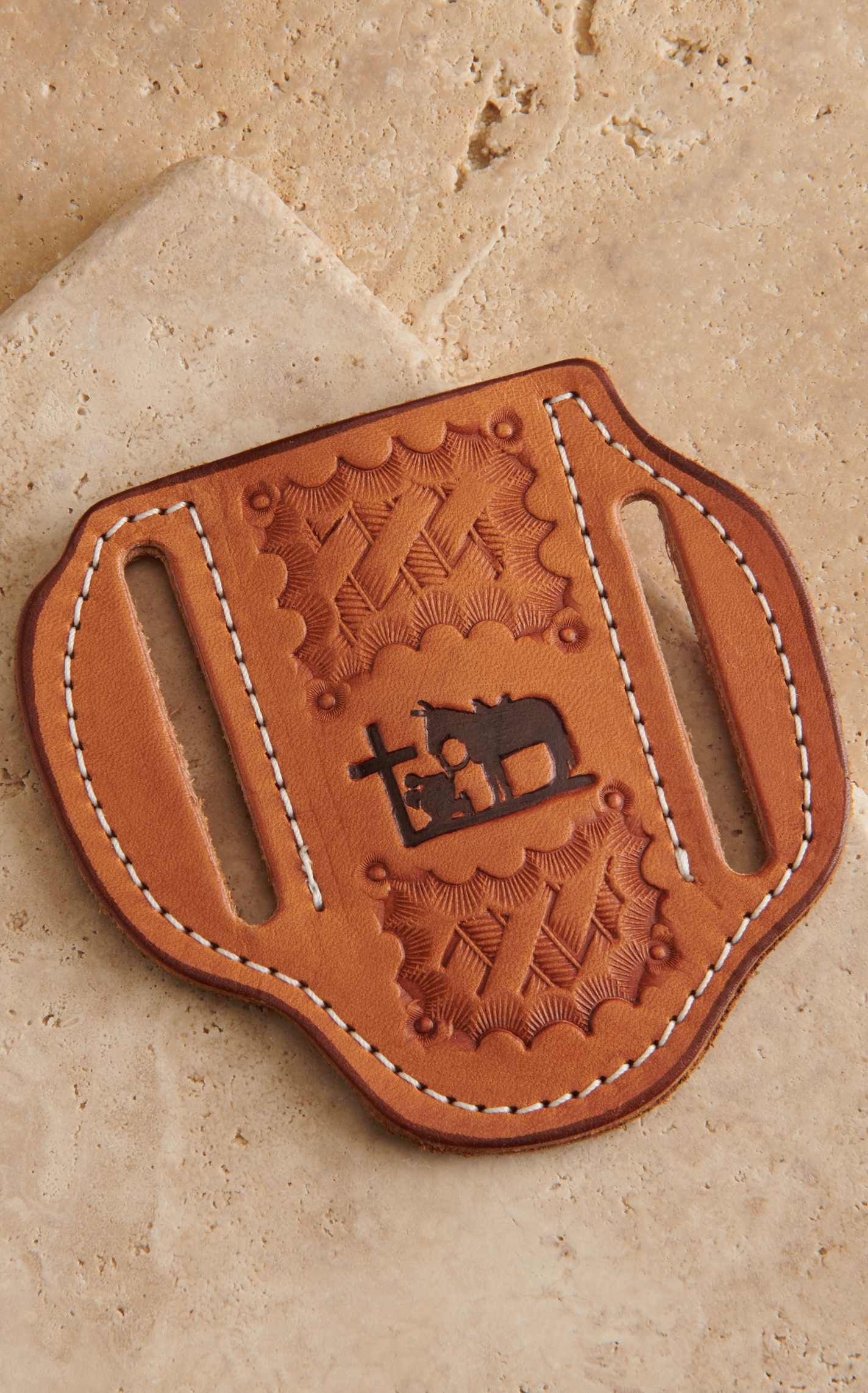 Slade Saddle Shop Basket and Praying Cowboy Stamped Saddle Tan Leather Small Pancake Knife Sheath - Image 1