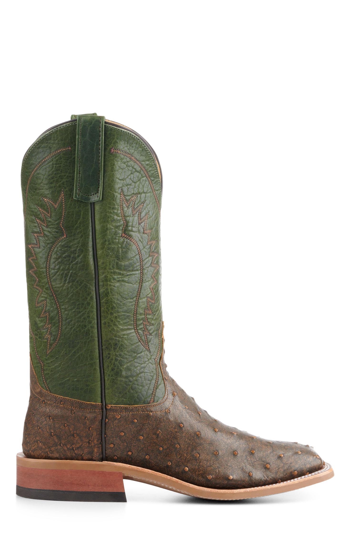 Anderson Bean Men's Jade and Antique Brown Full Quill Ostrich Square Toe Exotic Cowboy Boots - Image 1