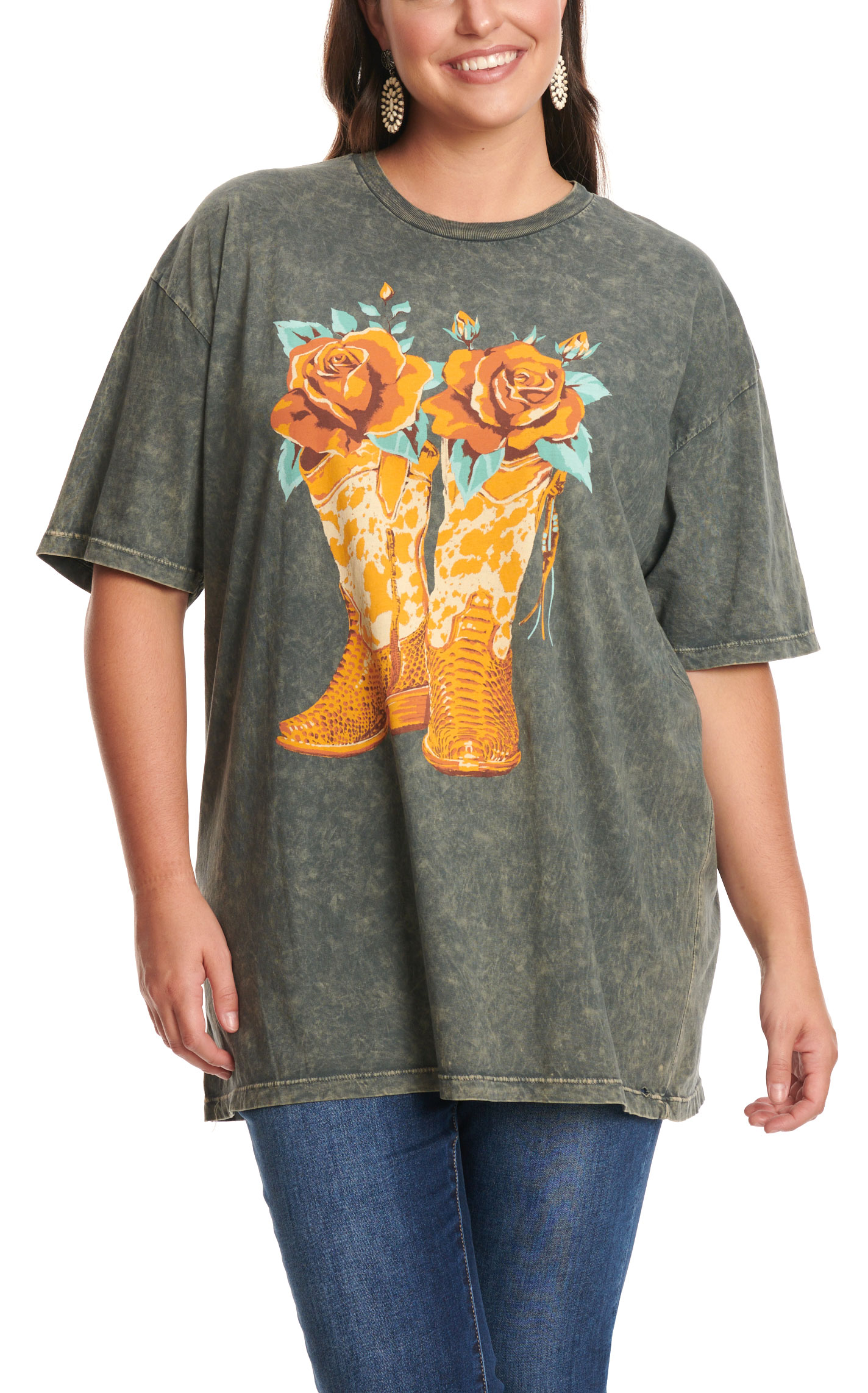 Lotus Fashion Women's Washed Black Roses & Boots Graphic T-Shirt - Plus Sizes - Image 1