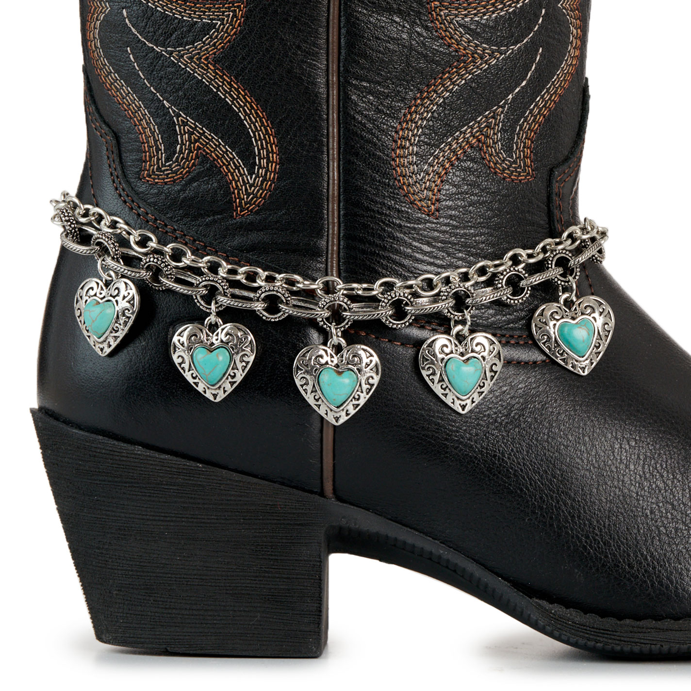 Rockin' C Silver & Turquoise Etched Hearts Boot Chain - Image 1