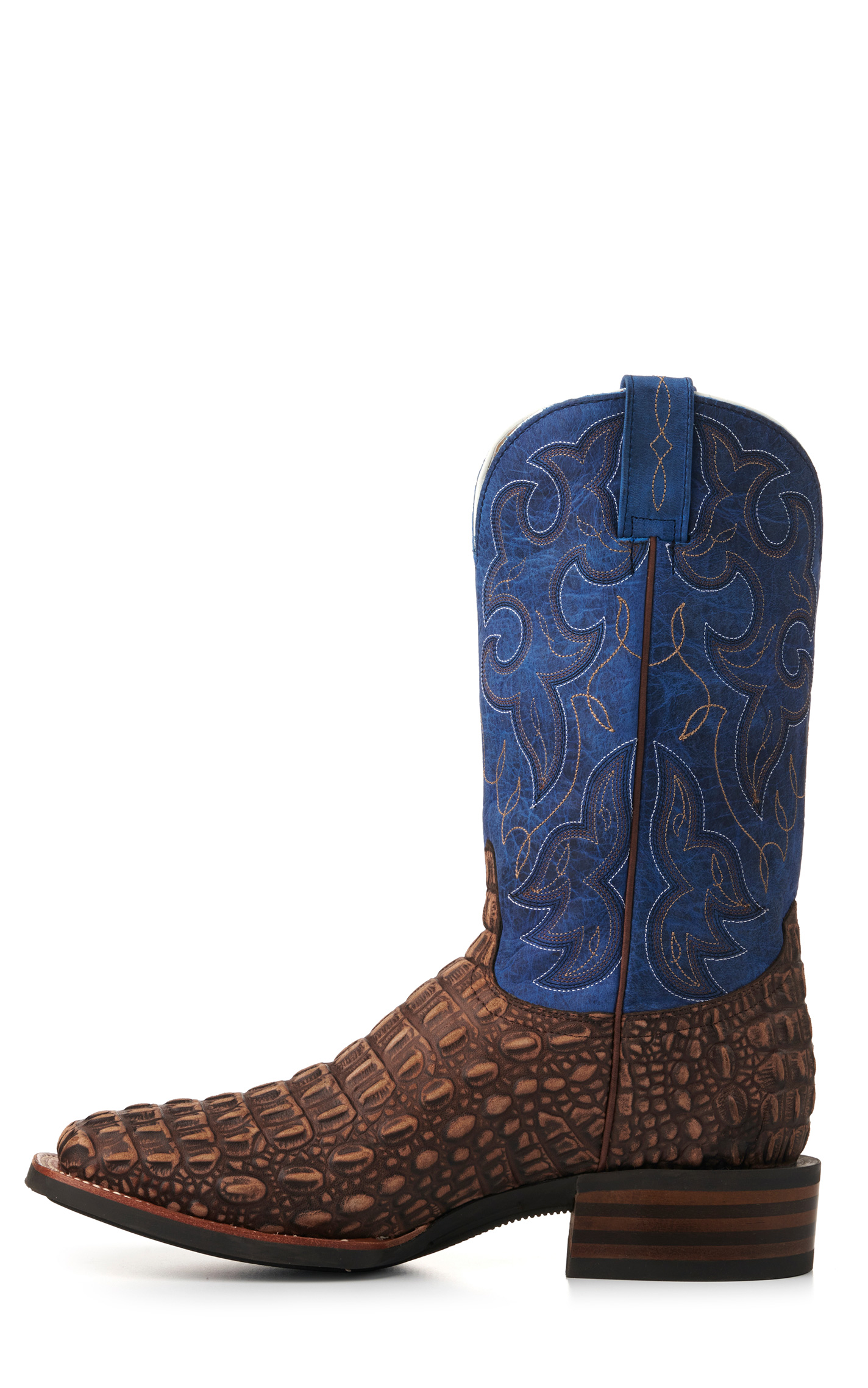 Cavender's Men's Intrepid Rustic Chocolate Caiman Print and Blue Wide Square Toe Cowboy Boots - Image 1