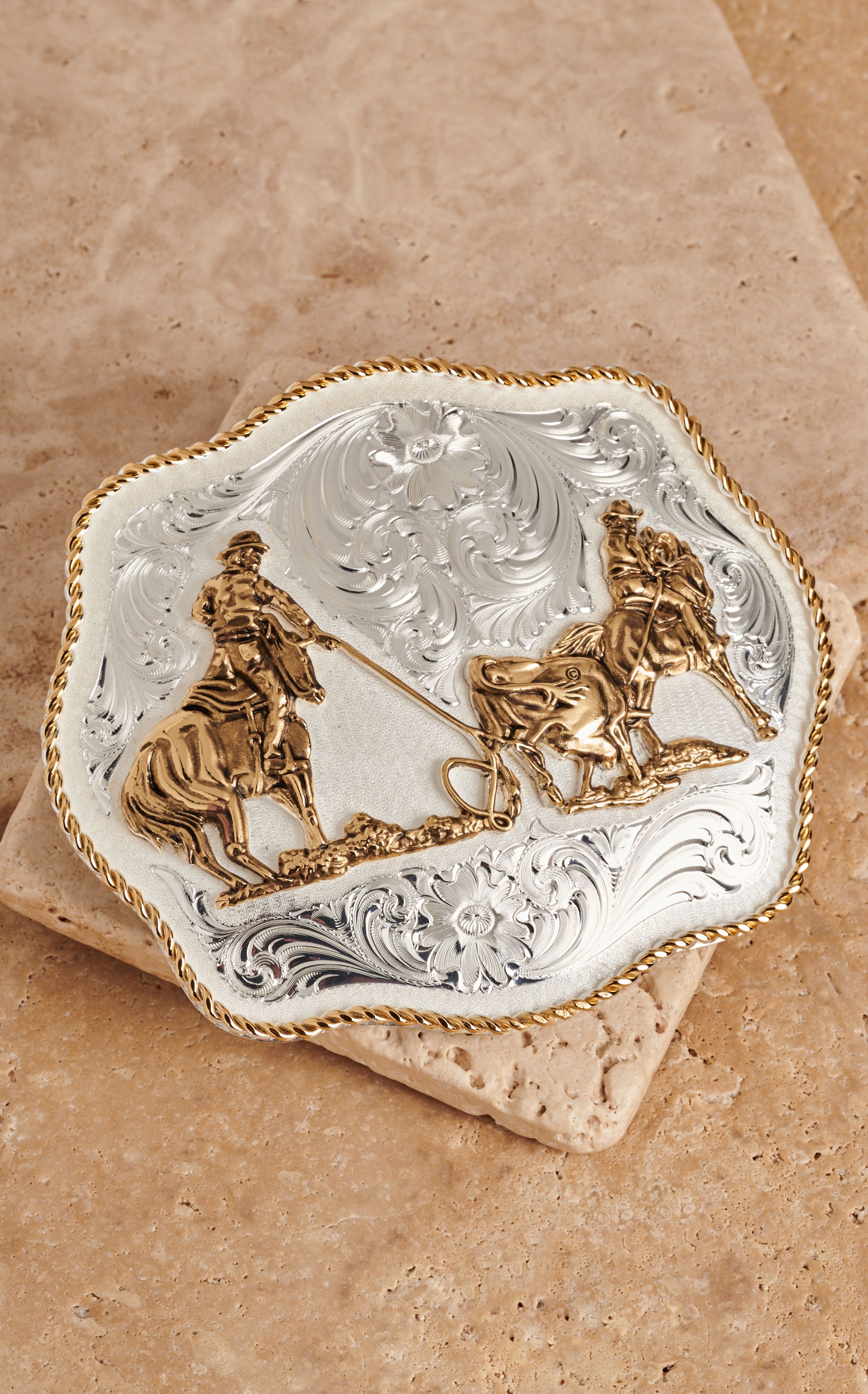 Montana Silversmiths Medium Scallop Team Roping Belt Buckle - Image 1