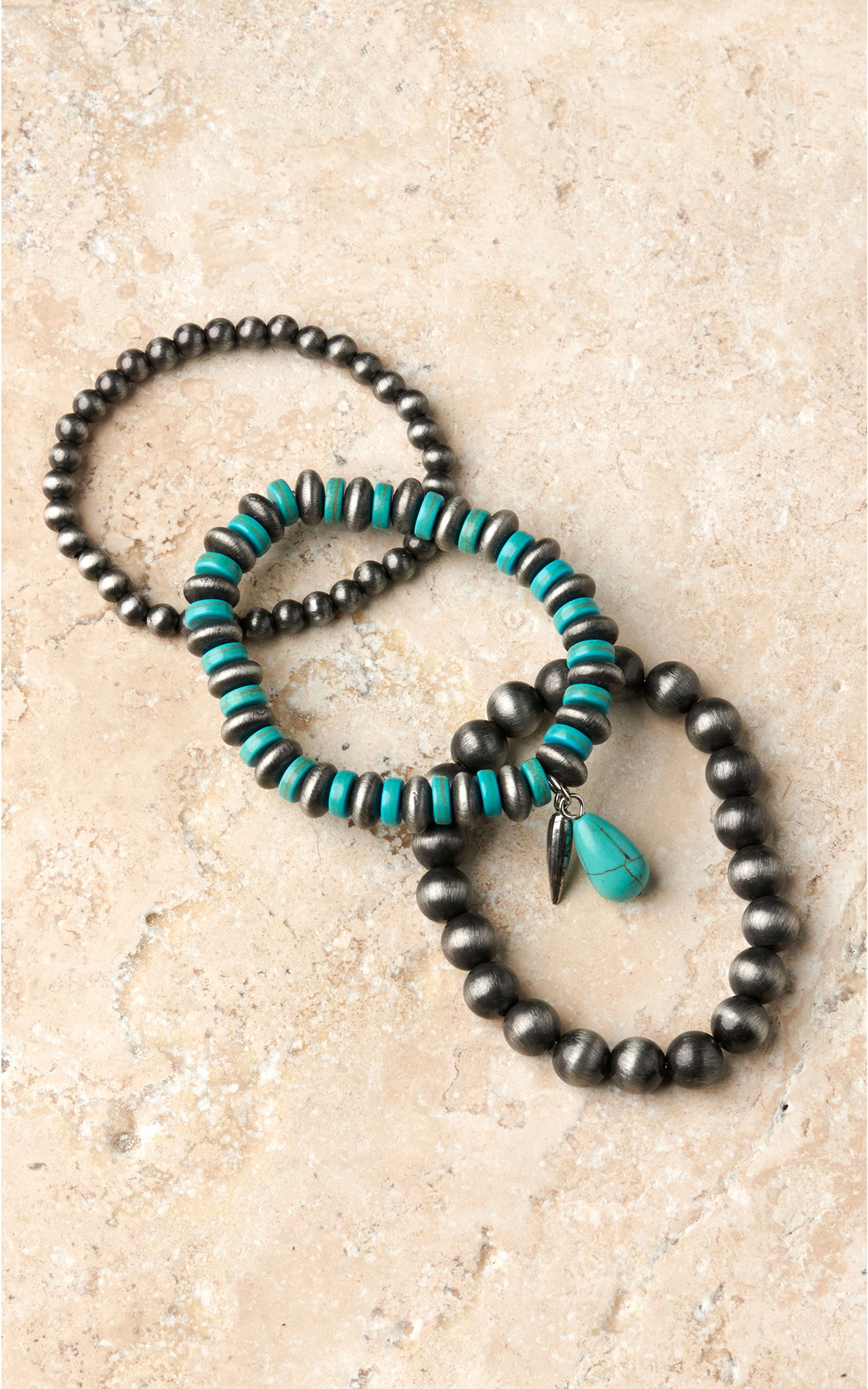 Cowgirl Confetti the Good Ones Silver and Turquoise Beaded Stretch Bracelet Set - Image 1