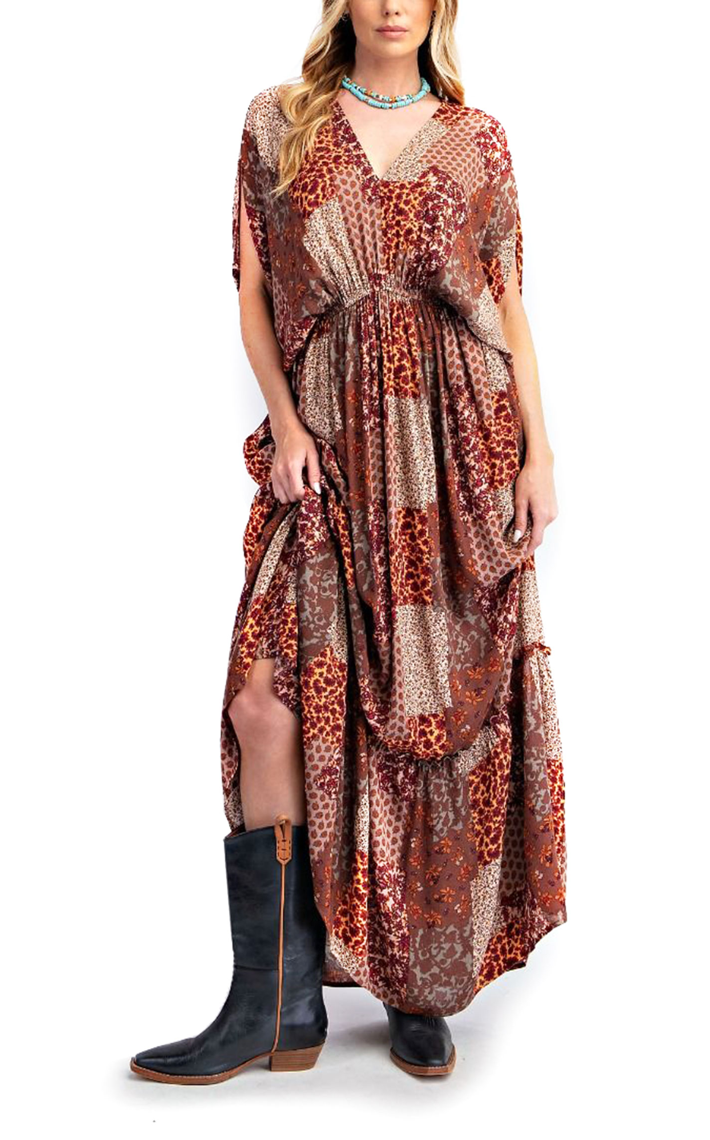EASEL Women's Mocha & Cream Patchwork Maxi Dress - Image 1