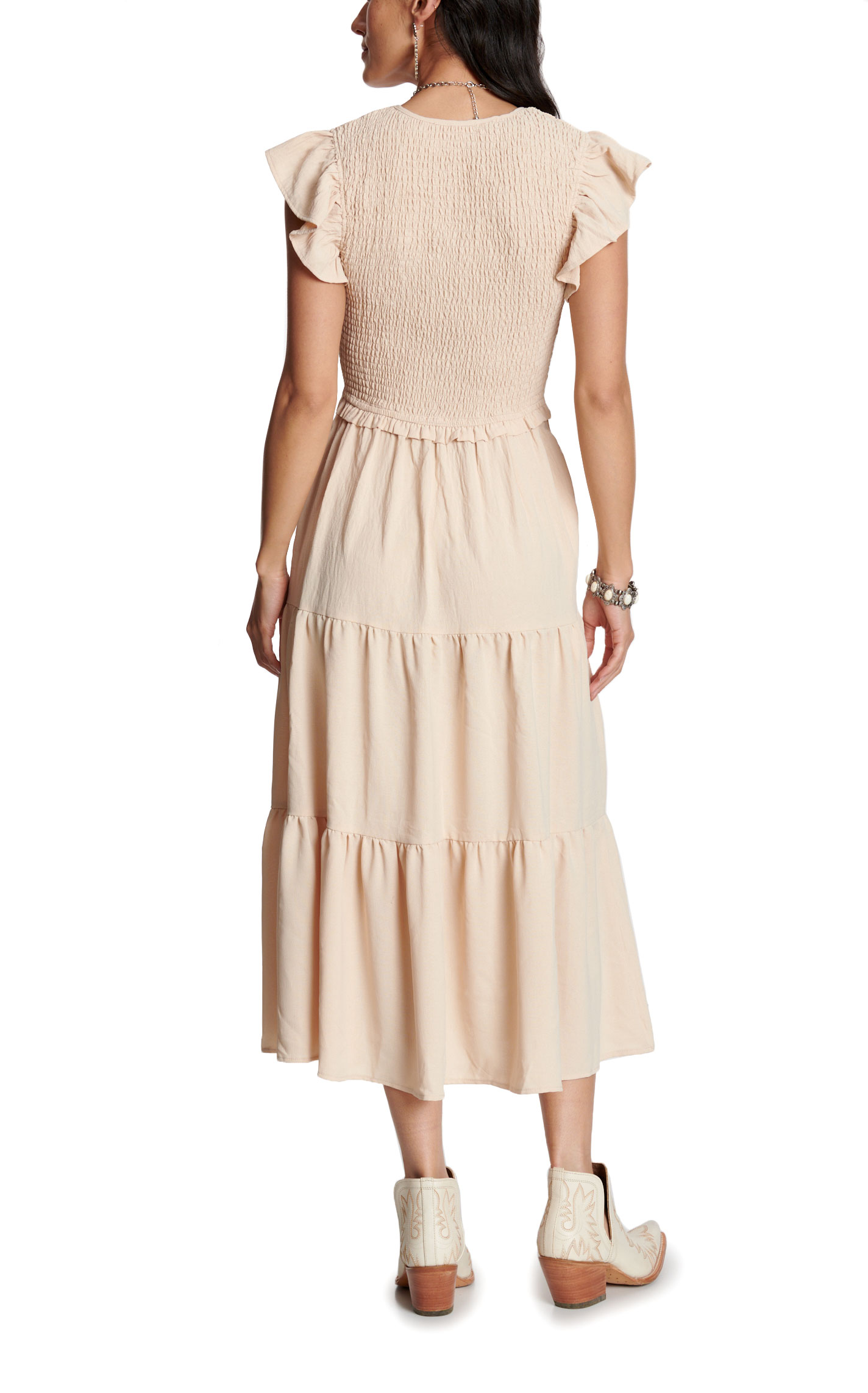 Yura Women’s Taupe Solid Smocked Tiered Midi Dress - Image 1