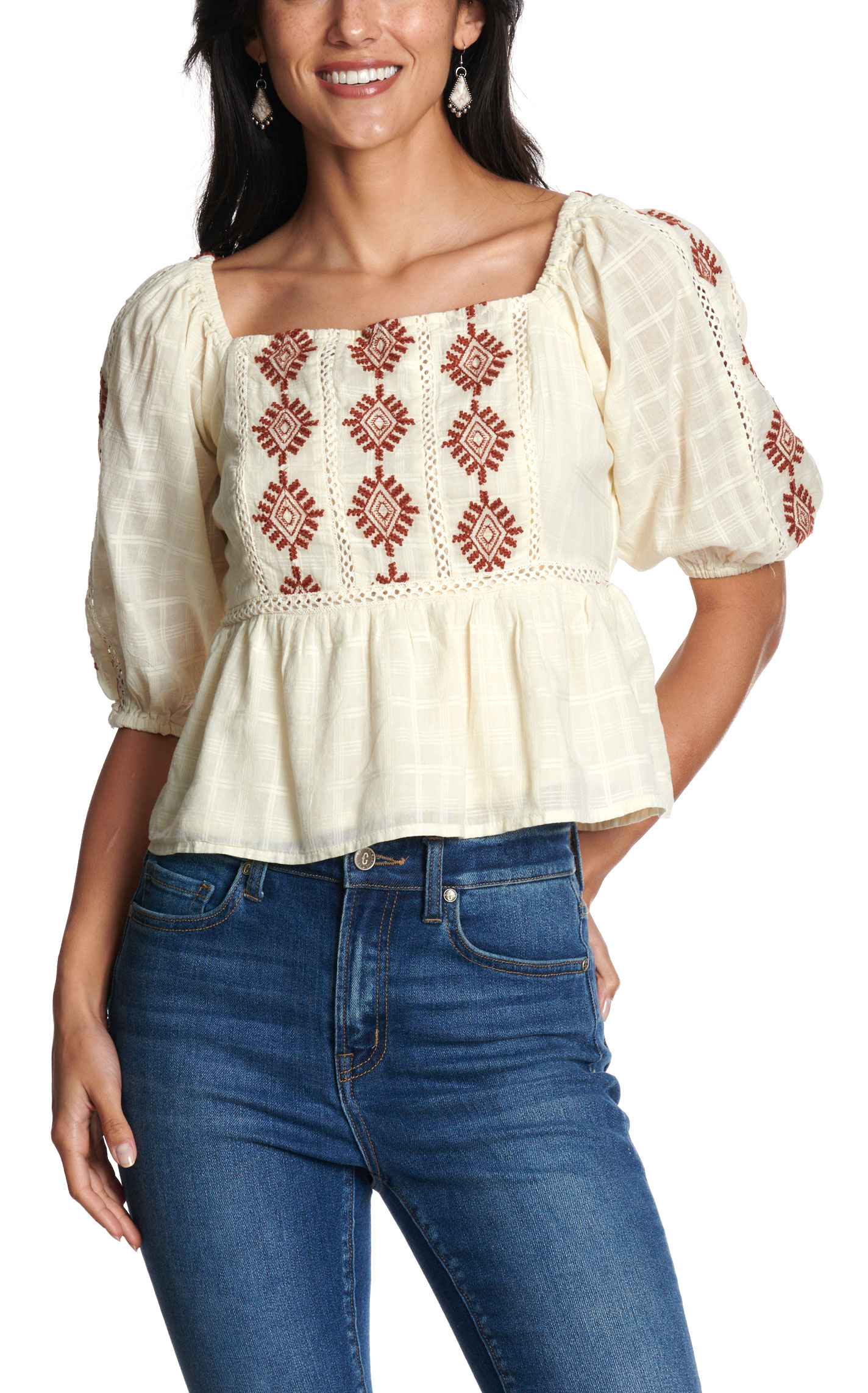 Cotton & Rye Women's Cream & Rust Embroidered Peplum Top - Image 2
