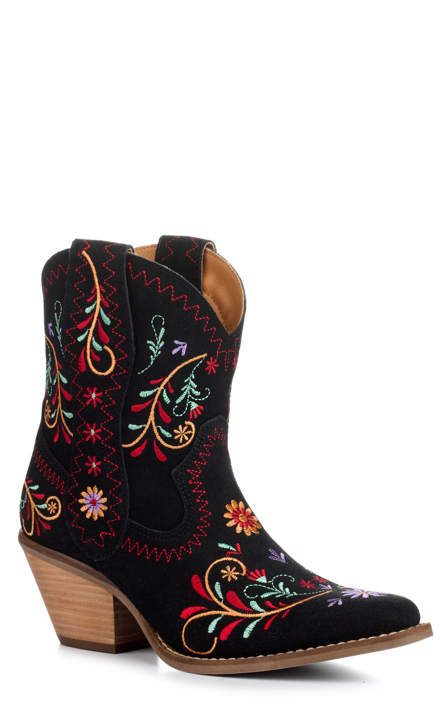 Dingo Women's Sugar Bug Black Suede with Floral Embroidery Round Toe Booties - Image 1