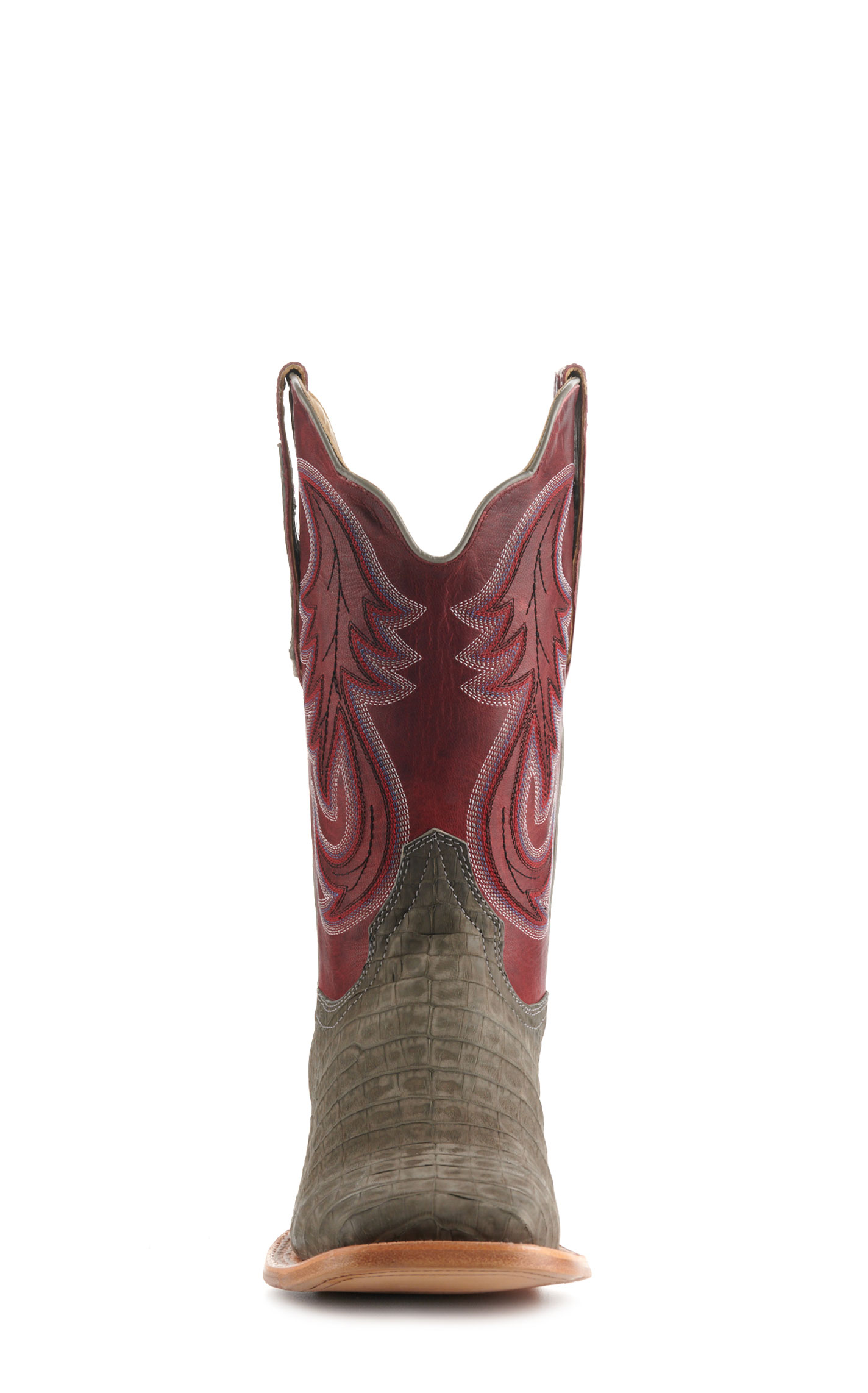 R. Watson Men's Rose Red and Charcoal Sueded Caiman Hybrid Wide Square Toe Exotic Cowboy Boots - Image 1