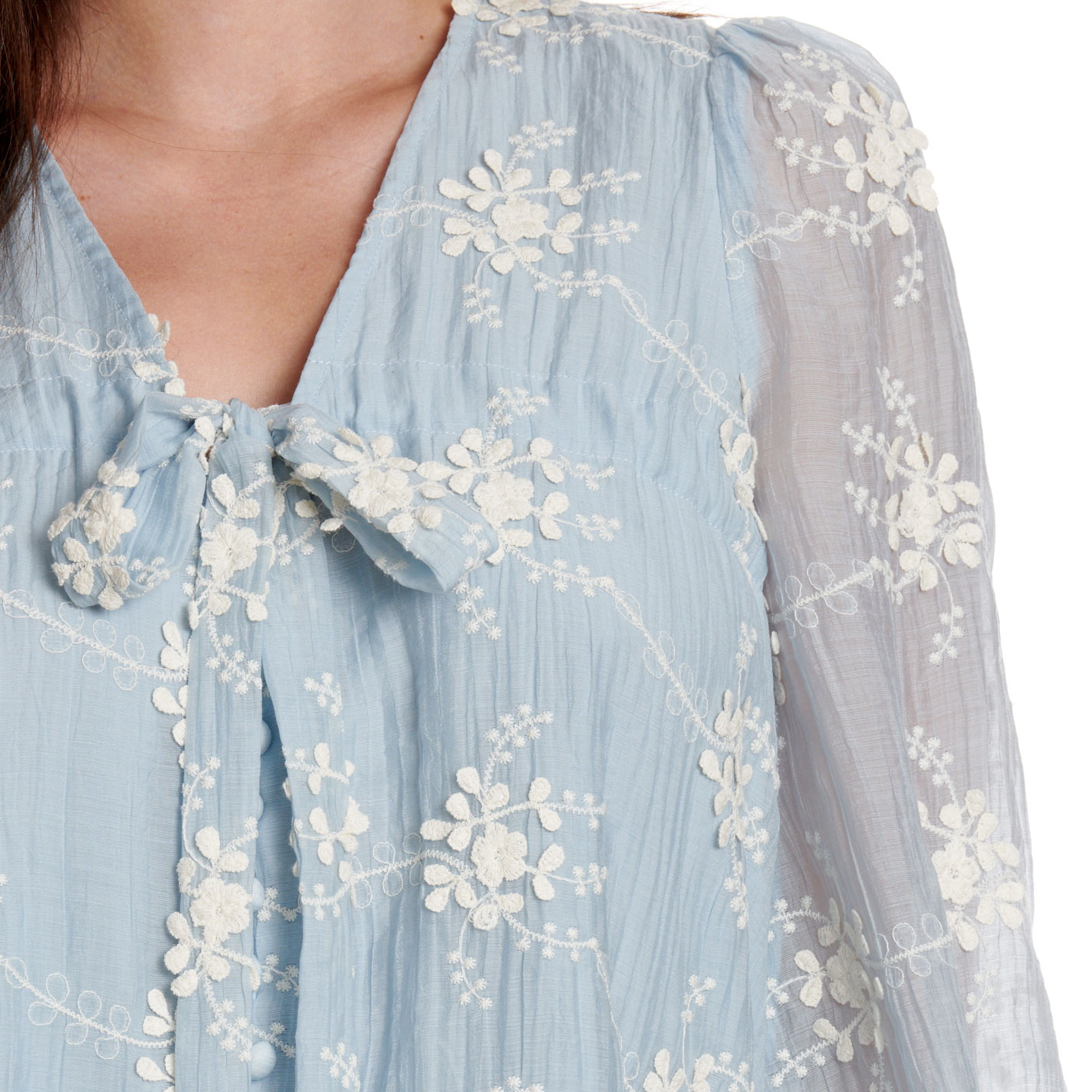 Endless Blu Women's Light Blue Floral Embroidered Sheer Sleeve Dress - Image 1
