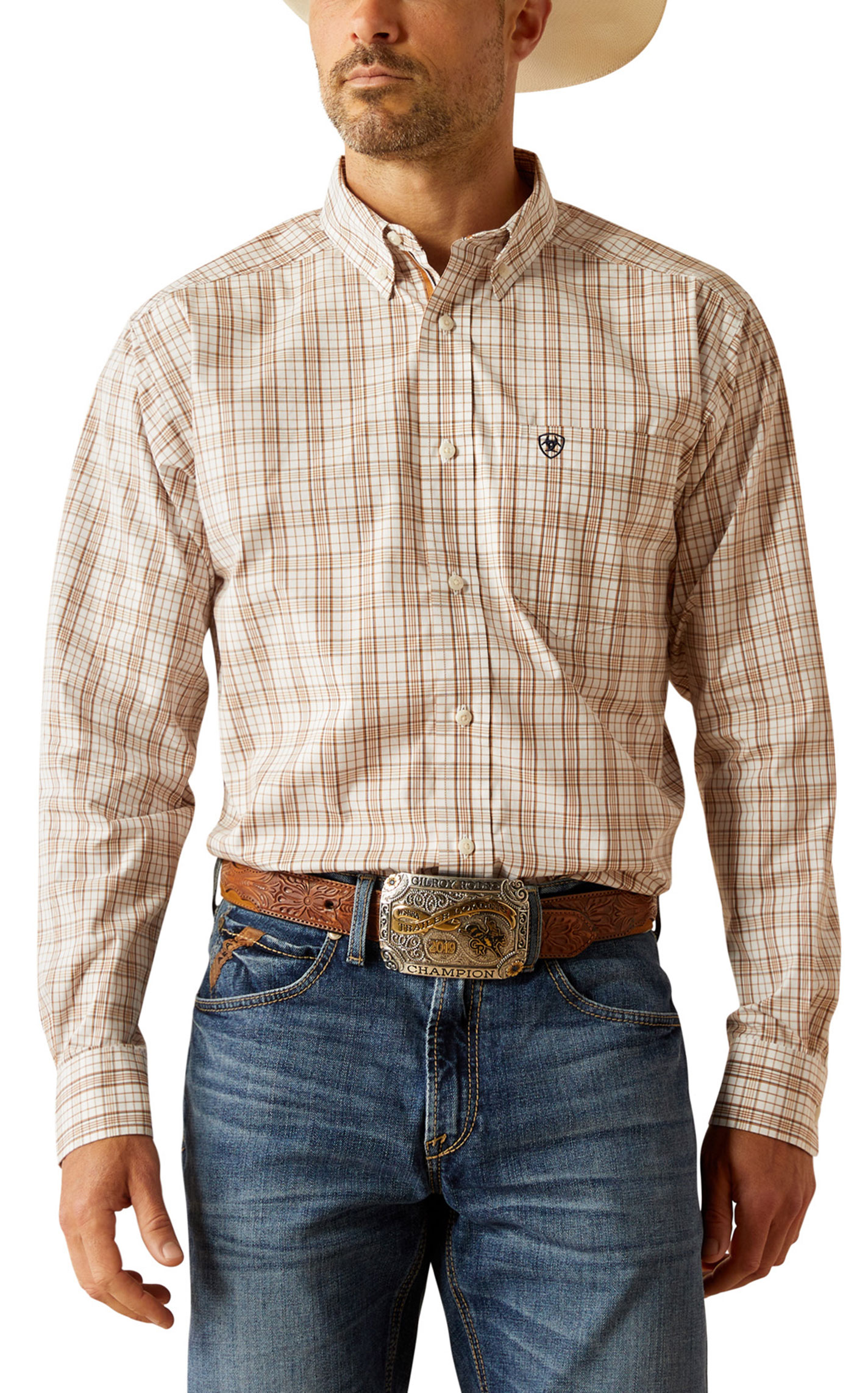 Ariat Pro Series Men's Jase Caramel Plaid Western Shirt - Image 1