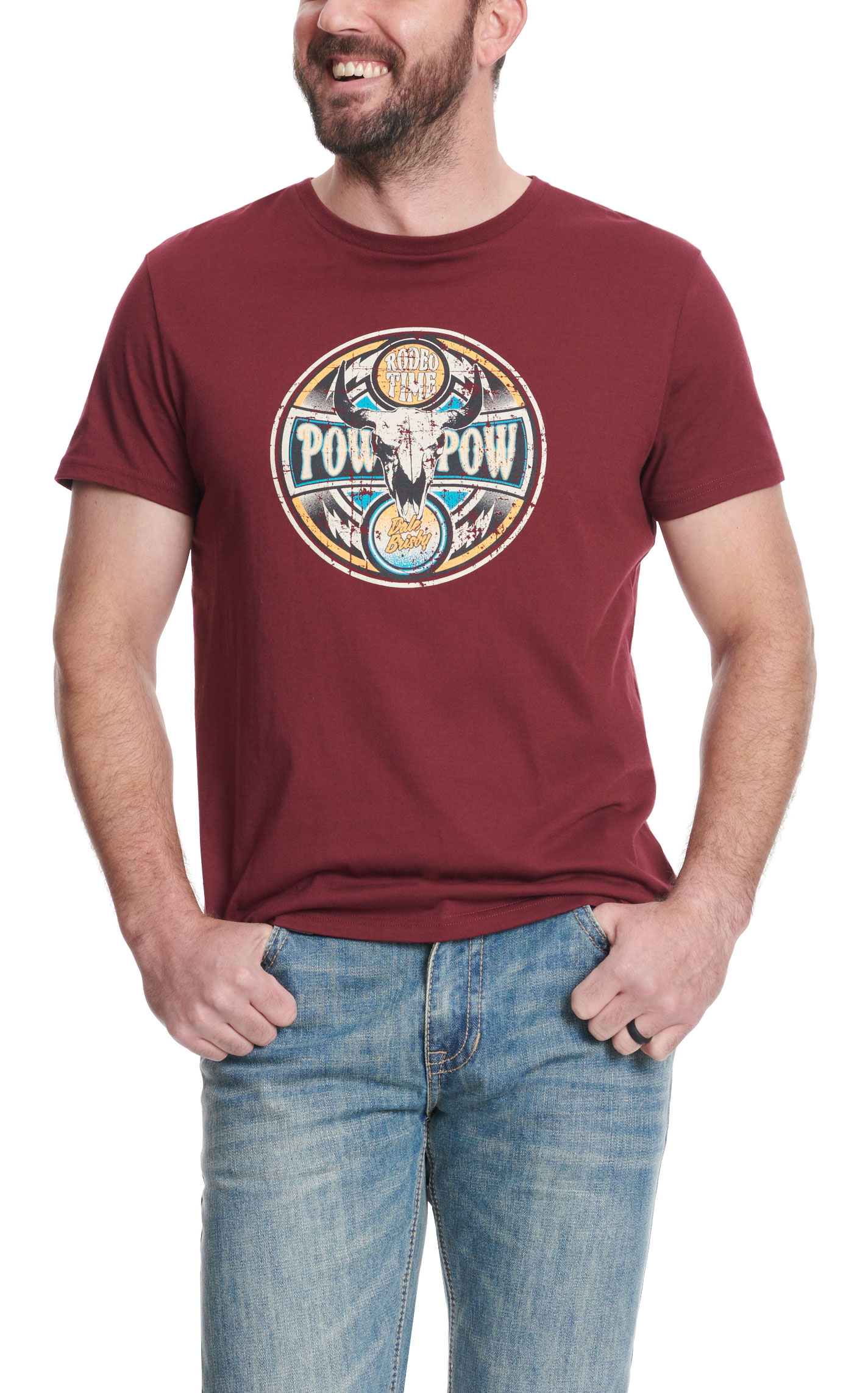 Rock & Roll Denim & Dale Brisby Unisex Burgundy & Skull Graphic T-Shirt - Image 1