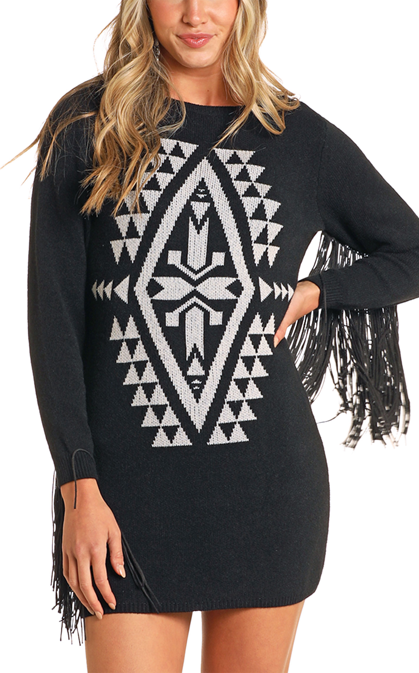 Rock & Roll Denim Black & White Aztec Fringed Sweater Dress - Image 1