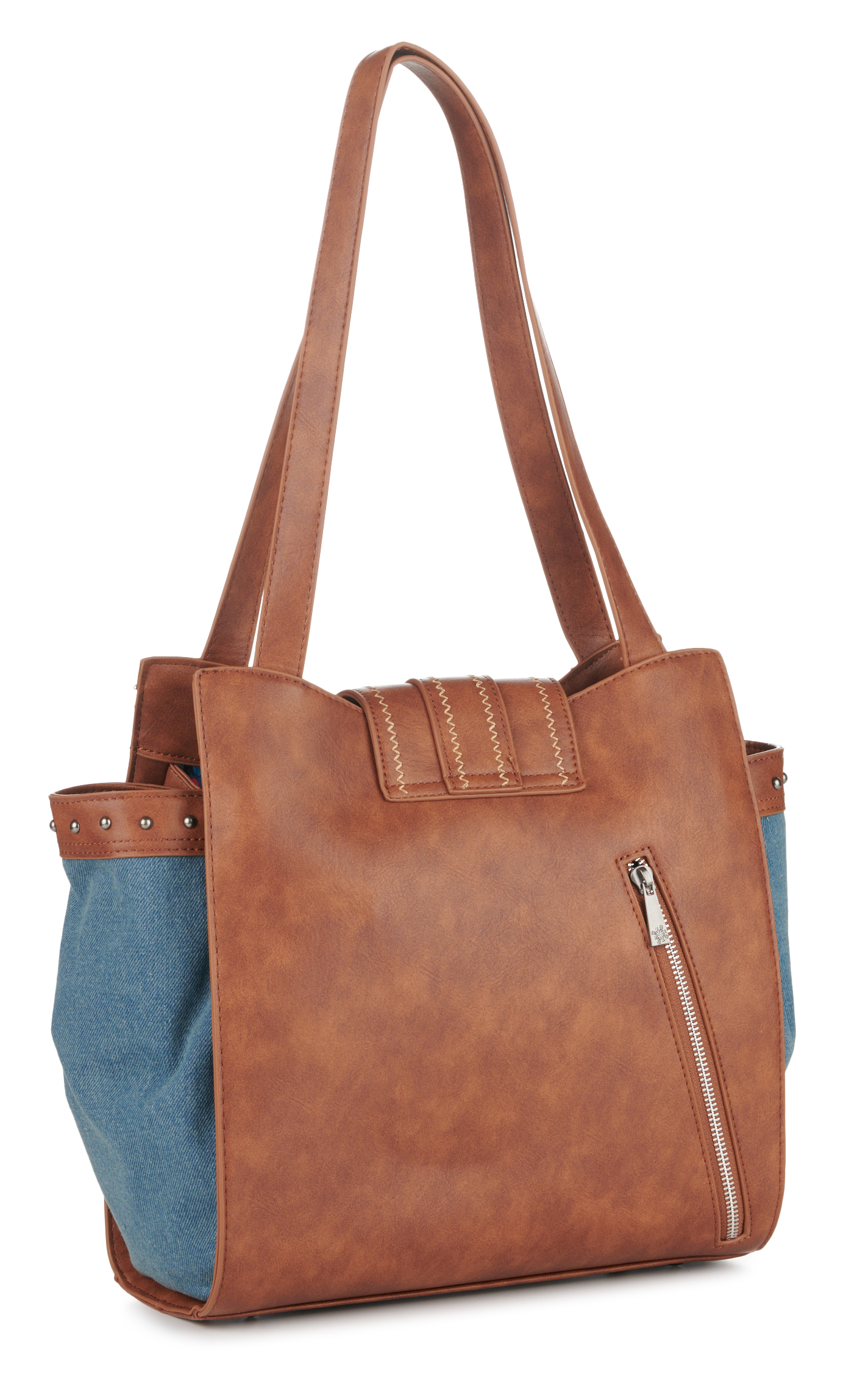 Catchfly Brown Leather Blue Denim & Hair on Hide Patchwork Tote - Image 1
