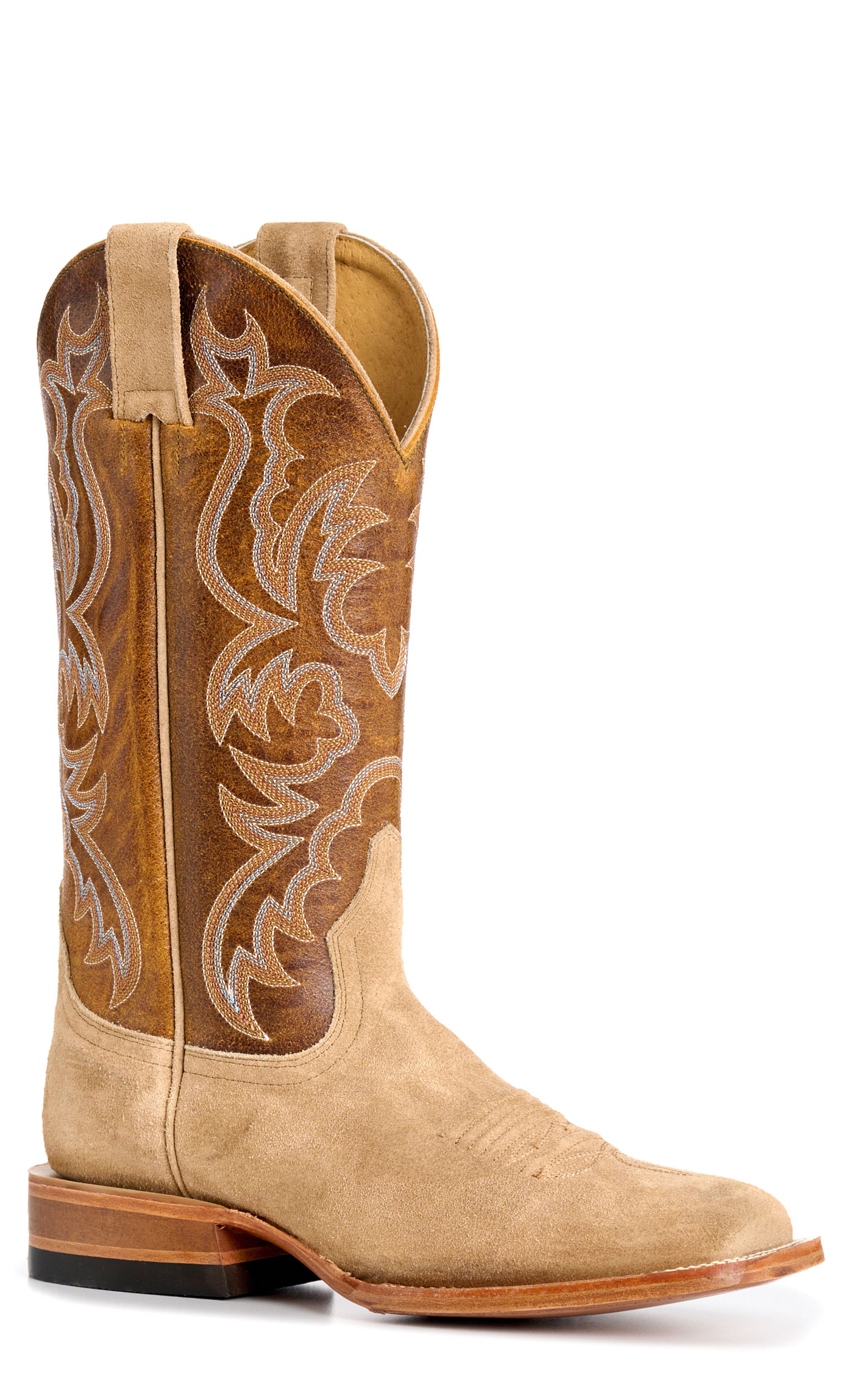 Cavender’s Women’s Camel Suede and Brown Maricopa Horseman Wide Square Toe Cowboy Boots - Image 1