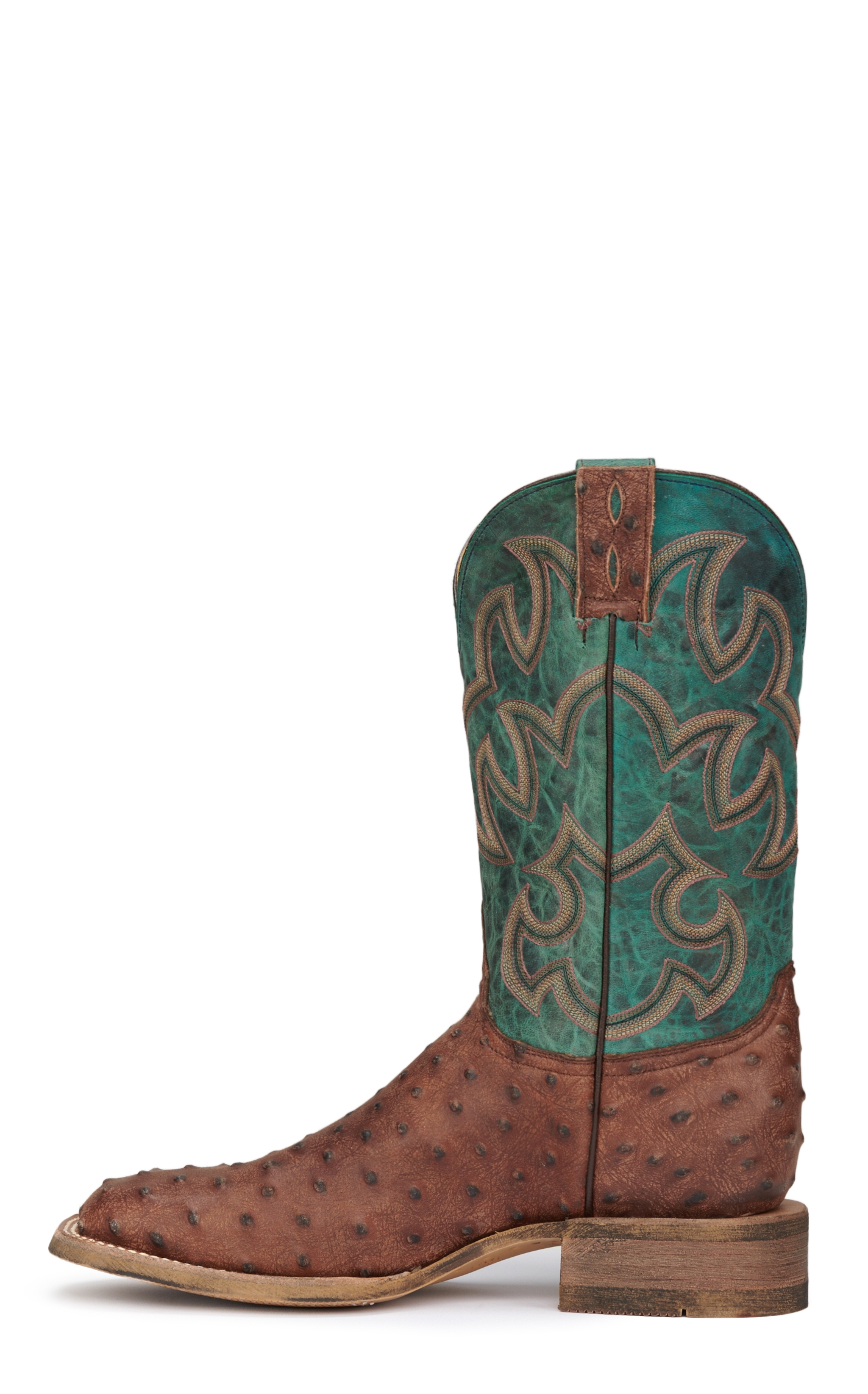 Cavender's Men's Rustic Chocolate & Turquoise Ostrich Print Wide Square Toe Cowboy Boots - Image 1