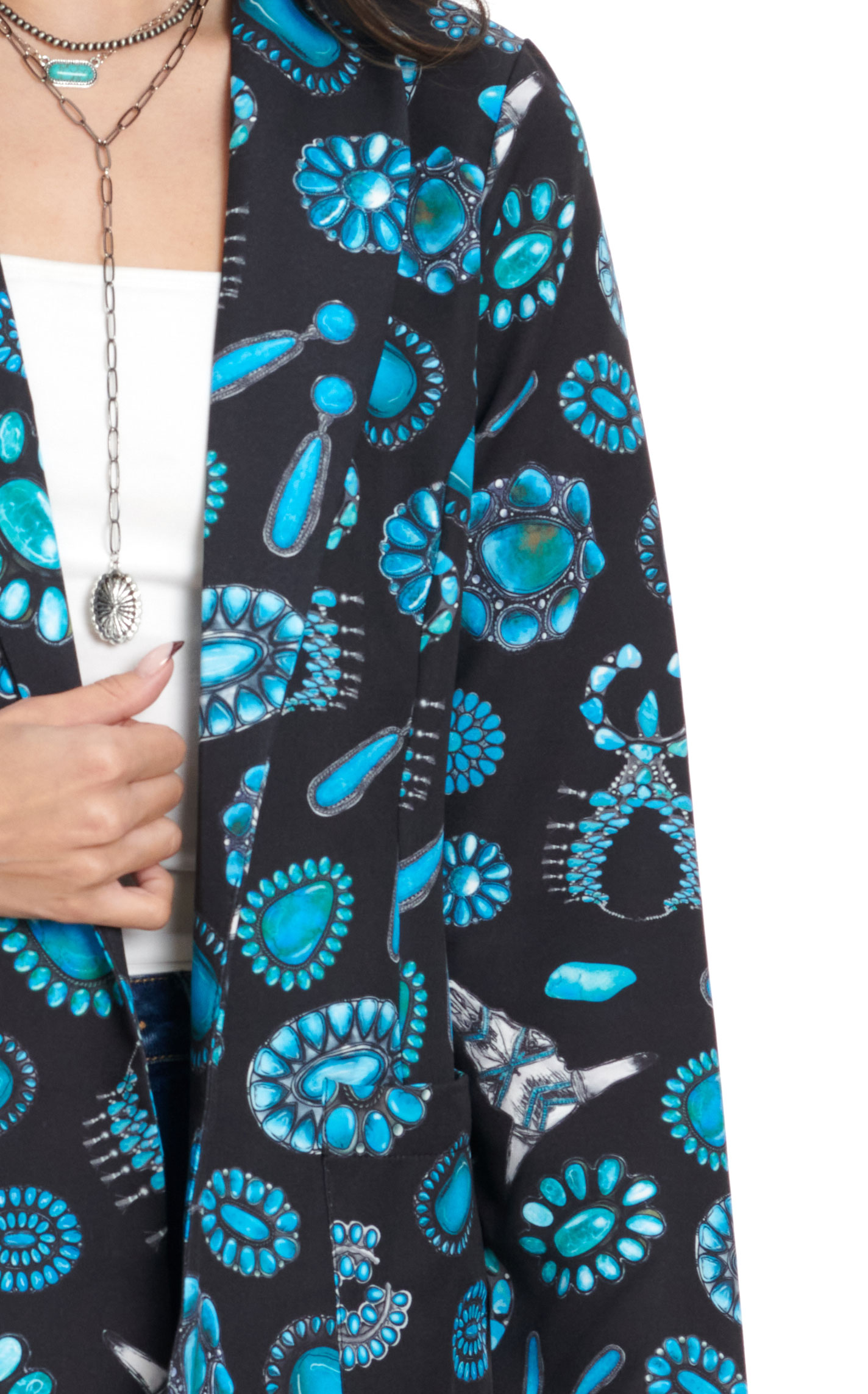 Nylon Women's Black with Turquoise Conchos Print Blazer - Image 1