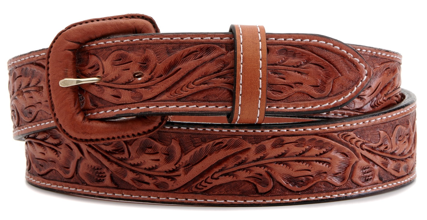 Vogt Men's Russet Brown Running Oak Leaf Tooled Western Belt - Image 1